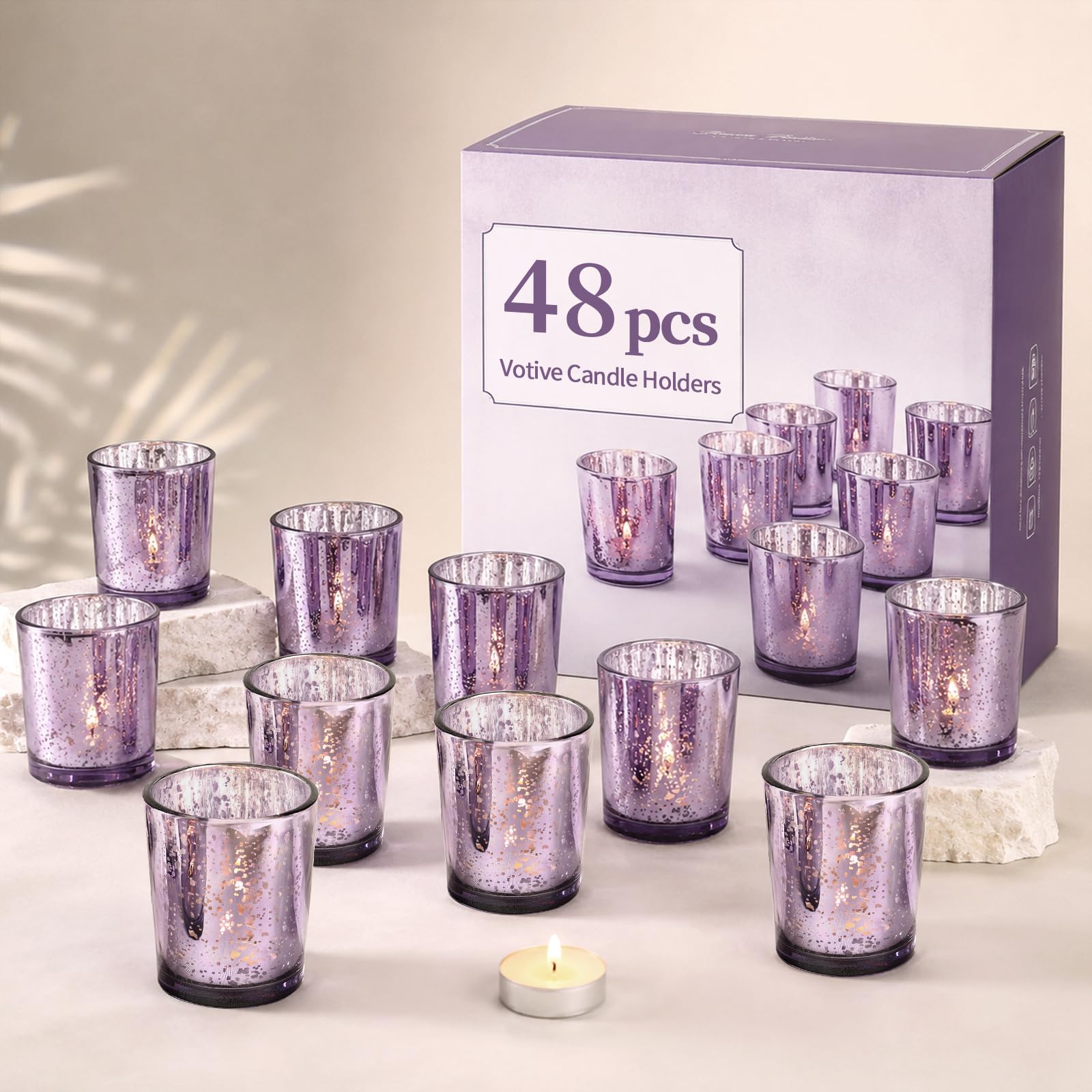 LETINE 48pcs Purple Votive Candle Holders – Glass Tea Light Candles Holder, Standard Votive Size for Regular Votive Candles– Bulk Candle Holder for Party Decoration, Bridal Shower, Home Decor