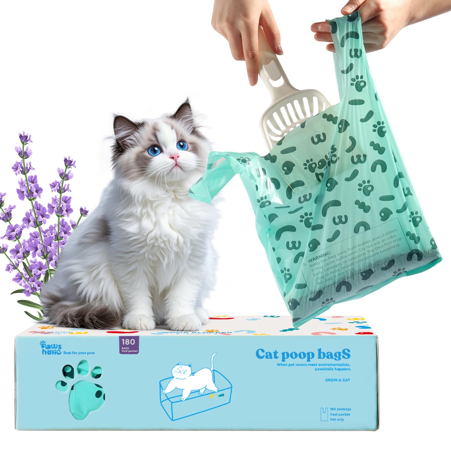 Cat Poop Bags And Dog Poo Bags with Tie Handles, 4L 21x37.5cm, 180 Bags of Biodegradable Waste bags, Easy Tie and Leakproof, Lavender Scented