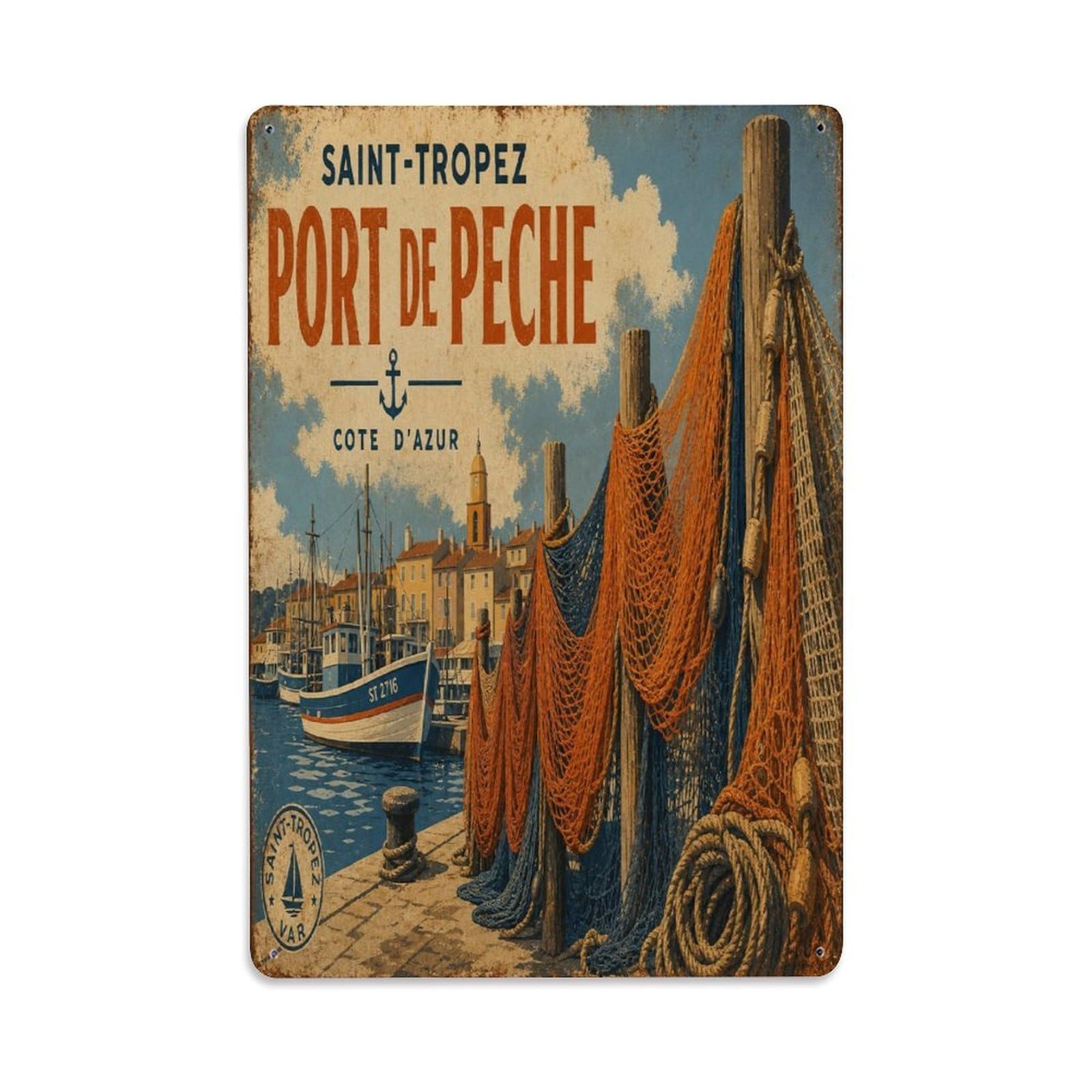 France Harbor Maritime Travel Fishing Village Metal Tin Sign Plaque Wall Decor for Cafe, Man Cave, Club Bar, Office, Home Garden Round Metal Poster 8x12Inch