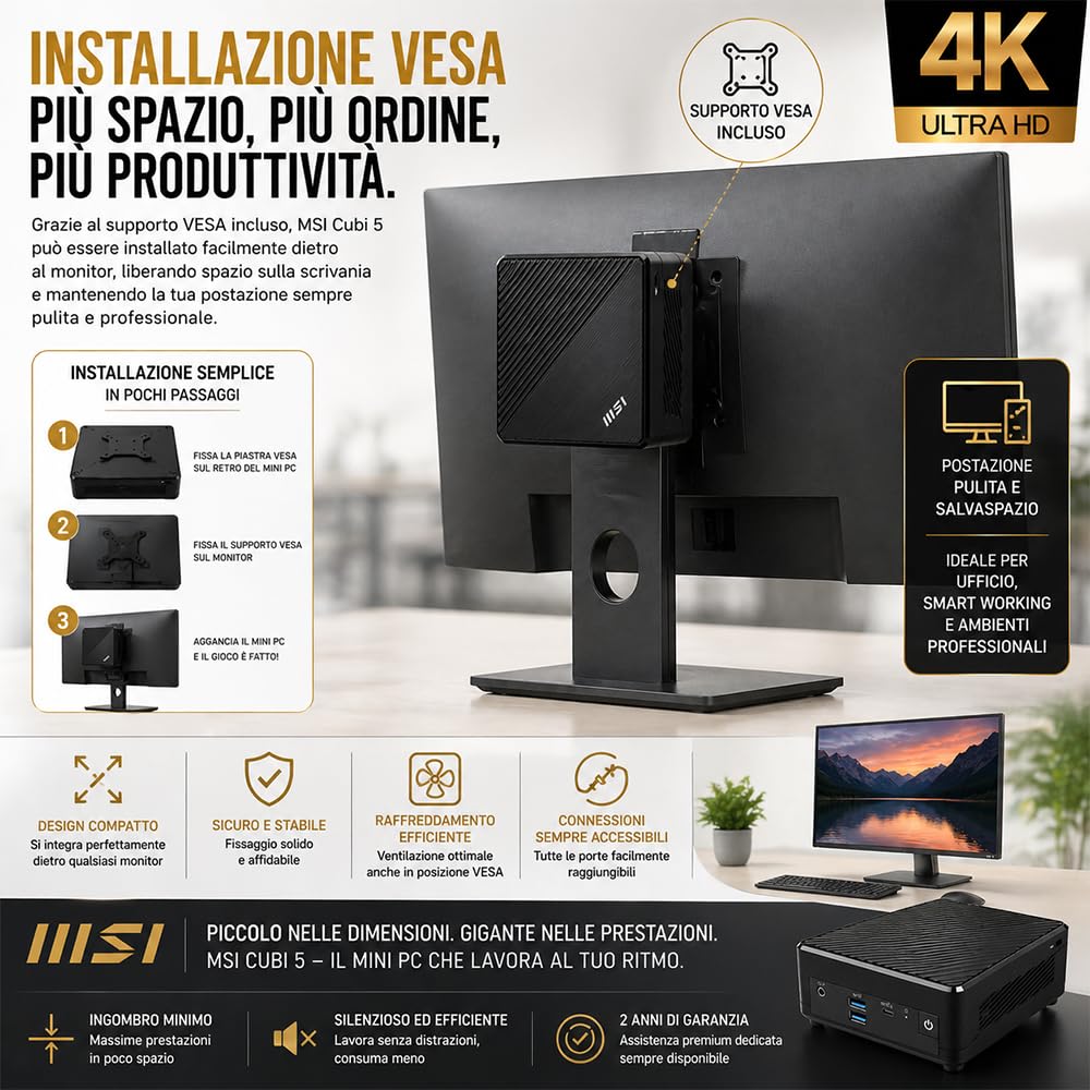 msi Cubi 5 Mini PC Fanless Intel Core 5 120U 16GB DDR5 SSD 256GB PCIe | Fino a 5GHz, Wi-Fi e Bluetooth, Doppia LAN, HDMI, USB-C, DisplayPort, Supporto 2 monitor, preconfigurato. Garanzia Italia