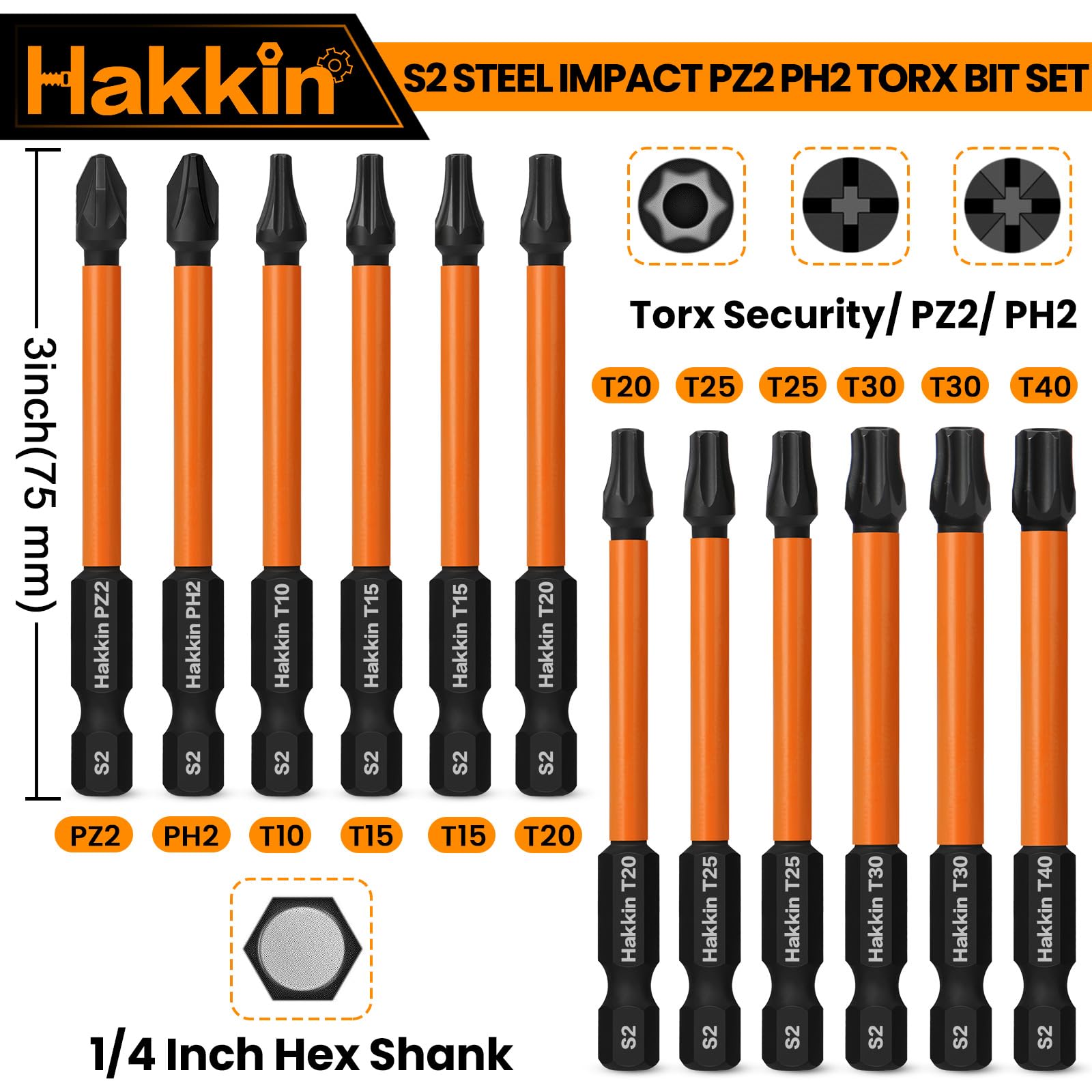 Hakkin Torx Bit Set 12Pcs Impact Drive Bits S2 Steel PZ2 PH2 Pozidriv Torx Magnetic Screwdriver Bits for Impact Drill 75mm PZ2 PH2 T10 T15 T20 T25 T30 T40 - Image 3