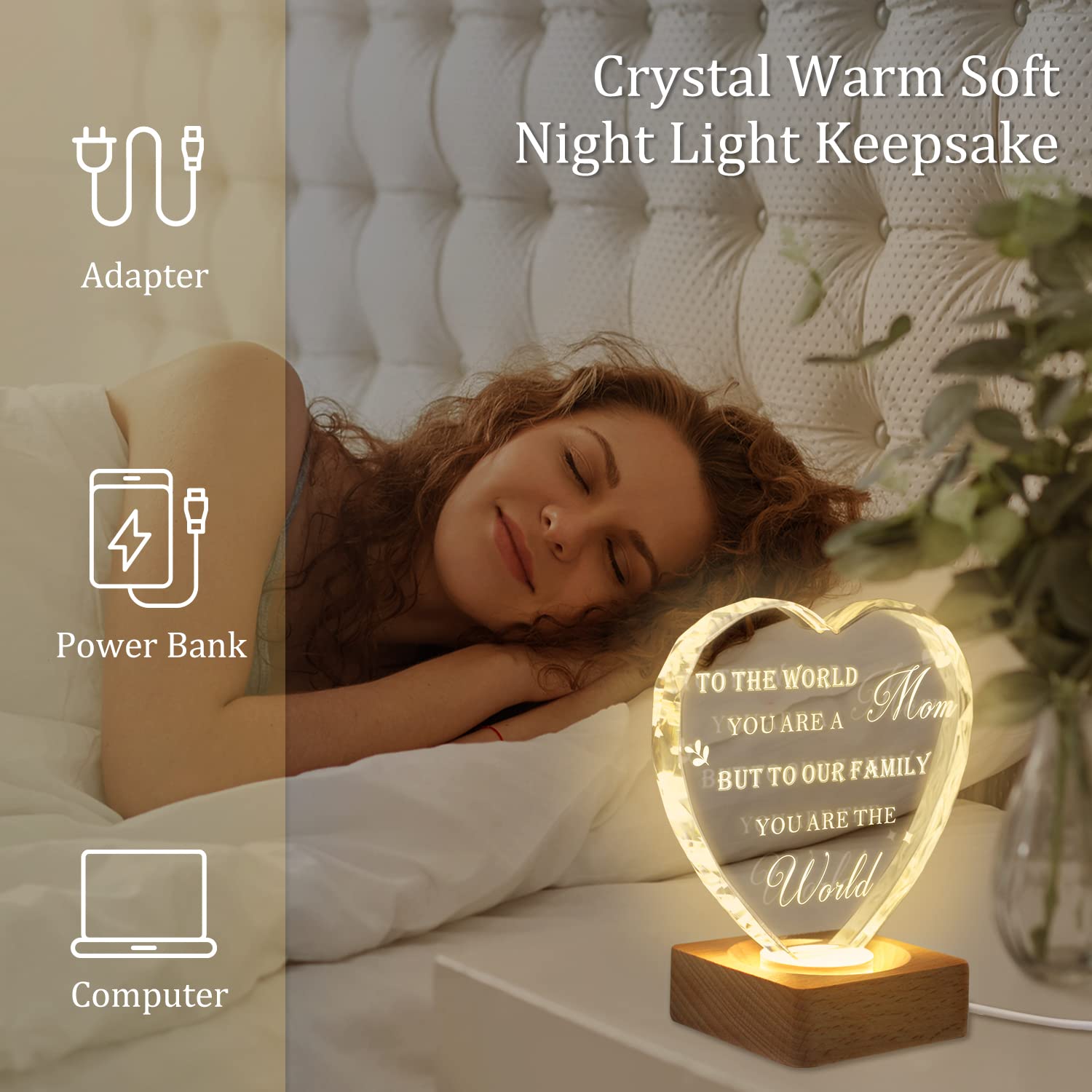 Lampada Di Cristallo Per Mamma WAVEJOE - Regalo Compleanno, Natale O Festa Della Mamma, Con Base Legno E USB - Foto 9