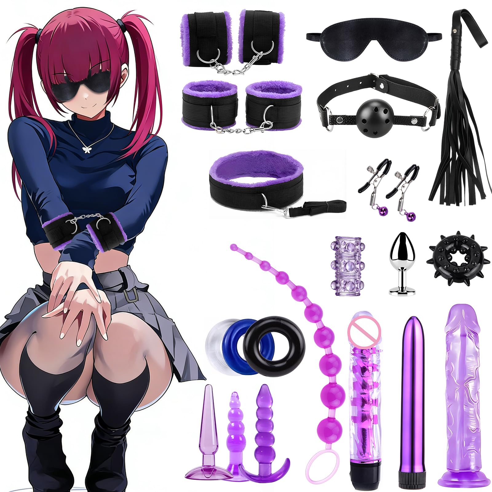 Kit de Bondage kit BDSM 15 pièces, Accessoire Ensemble de Bondage pour Couples Kit de Contention pour Débutants Un Kit Essentiel pour des Moments Intimes entre Hommes et Femmes.Violet