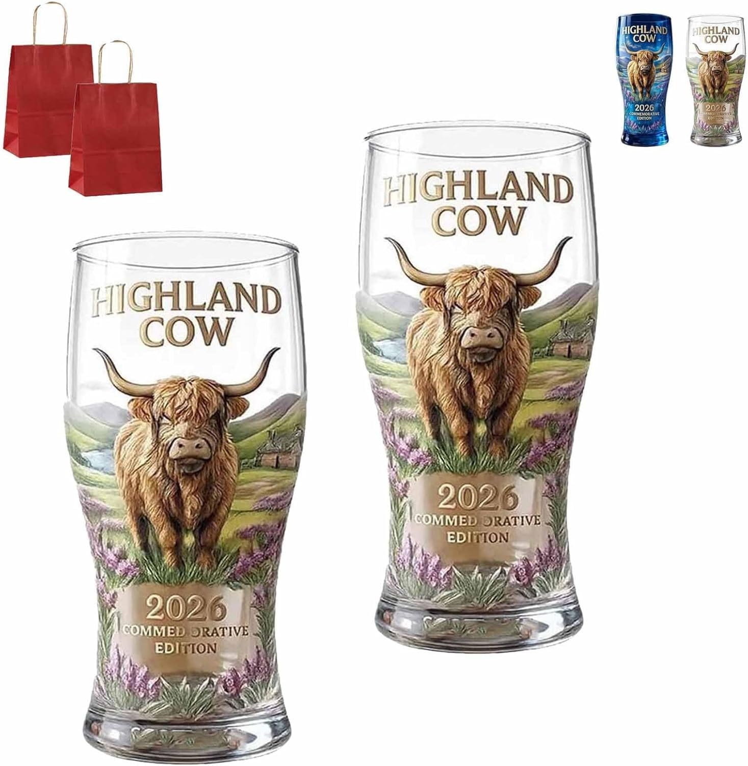 KGAIXN Highland Cow 2026 Commemorative Glass Tumbler, Embossed Highland Landscape Beer Glass, Scottish Longhair Cow Pint Coffee or Cocktail Cup for Home Bar Pub Use 39, 2pcs-transparent