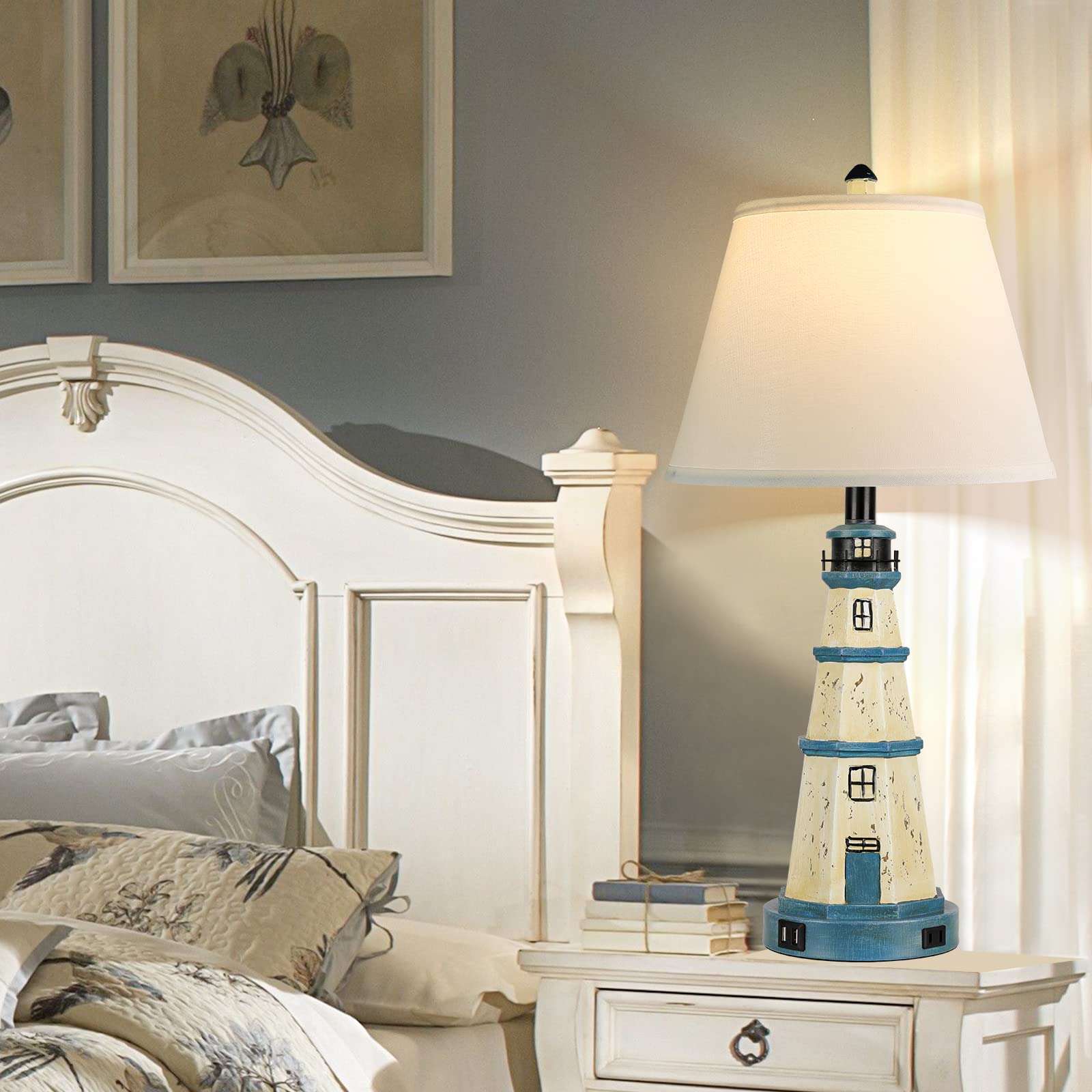 Table Lamps for Bedrooms Set of 2, 3-Way Dimmable Bedside Lamps with Dual USB Charging Ports, Modern White Blue Lighthouse Touch Control Nightstand Lamps for Living Bedroom, Bulbs Included