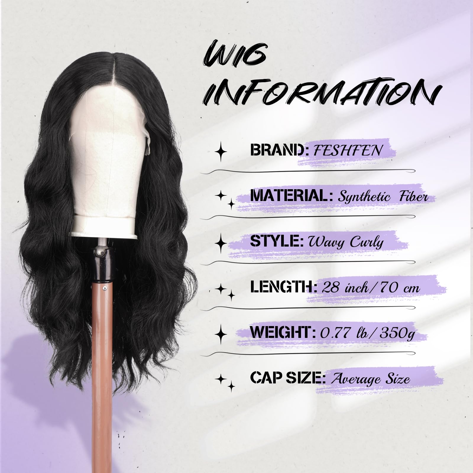 FESHFEN Lace Frontal Peruki Długie Falowane Peruka HD Koronkowym Peruki Syntetyczne Włókna z Włosy Naturalnym Wyglądem dla Kobiet, 70 cm Naturalna Czarny