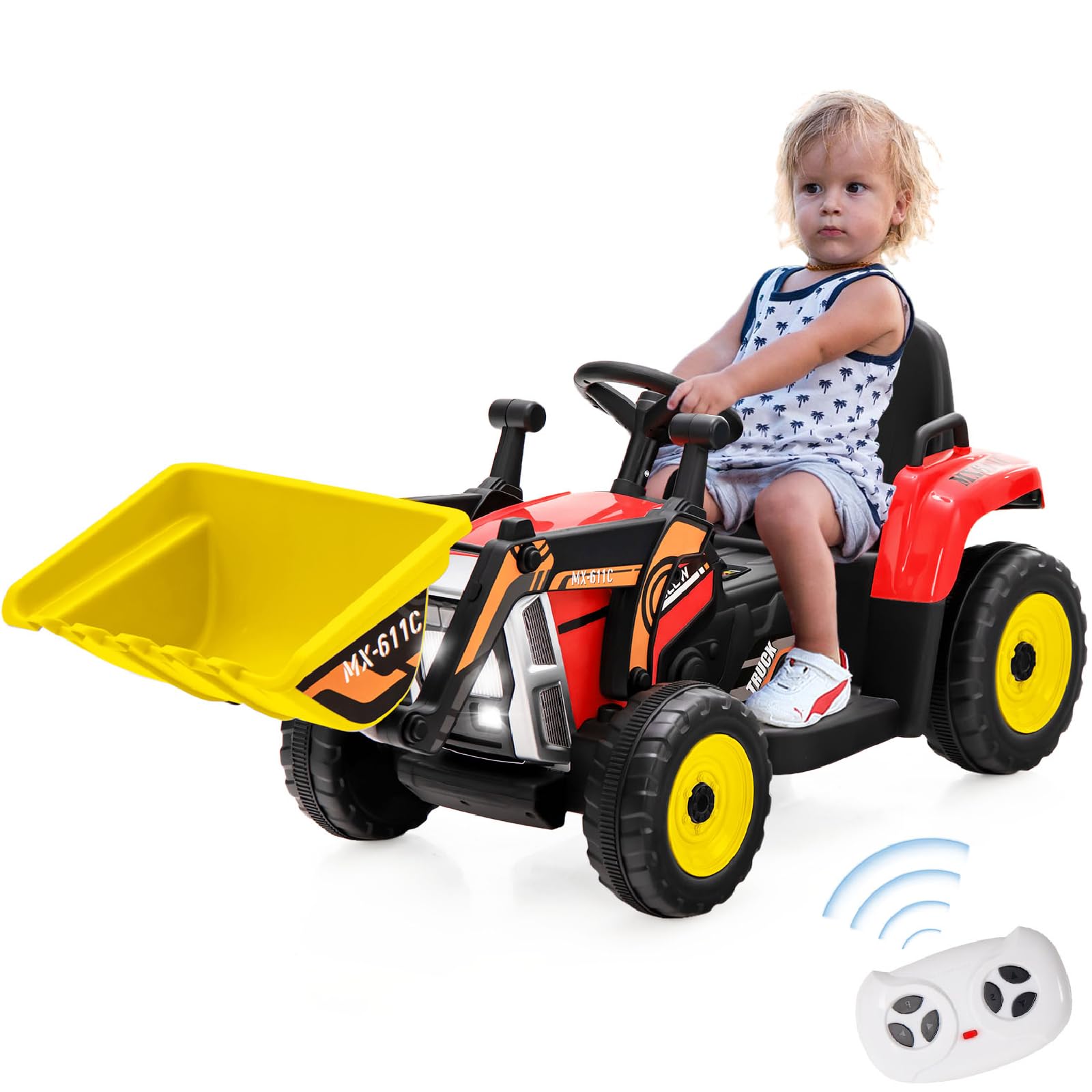 GYMAX Kids Ride on Bulldozer, 12V Battery Powered Toy Car with Remote Control, Light, Music, USB, Adjustable Arm & Bucket, Slow Start, Children Electric Excavator for 3-8 Years Old (Red+Black)