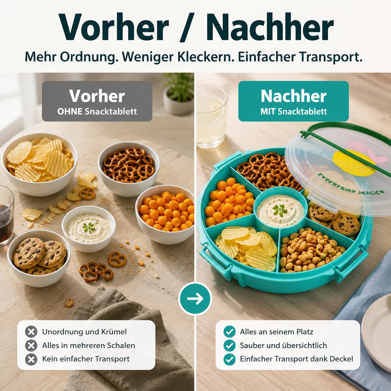 Rice Snackbox mit Fächern rund, Servierplatte mit Deckel, Türkis Zitrone | Snackbox mit 6 Fächern, Deckel und Zitronendesign - ideal für Obst, Dips, Picknick, Party und Brunch.