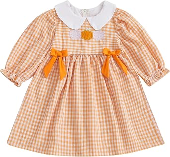 Toddler Little Baby Girl Halloween Outfit Pumpkin Dress Long Sleeve Plaid Smocked Dress Cute Fall Clothes