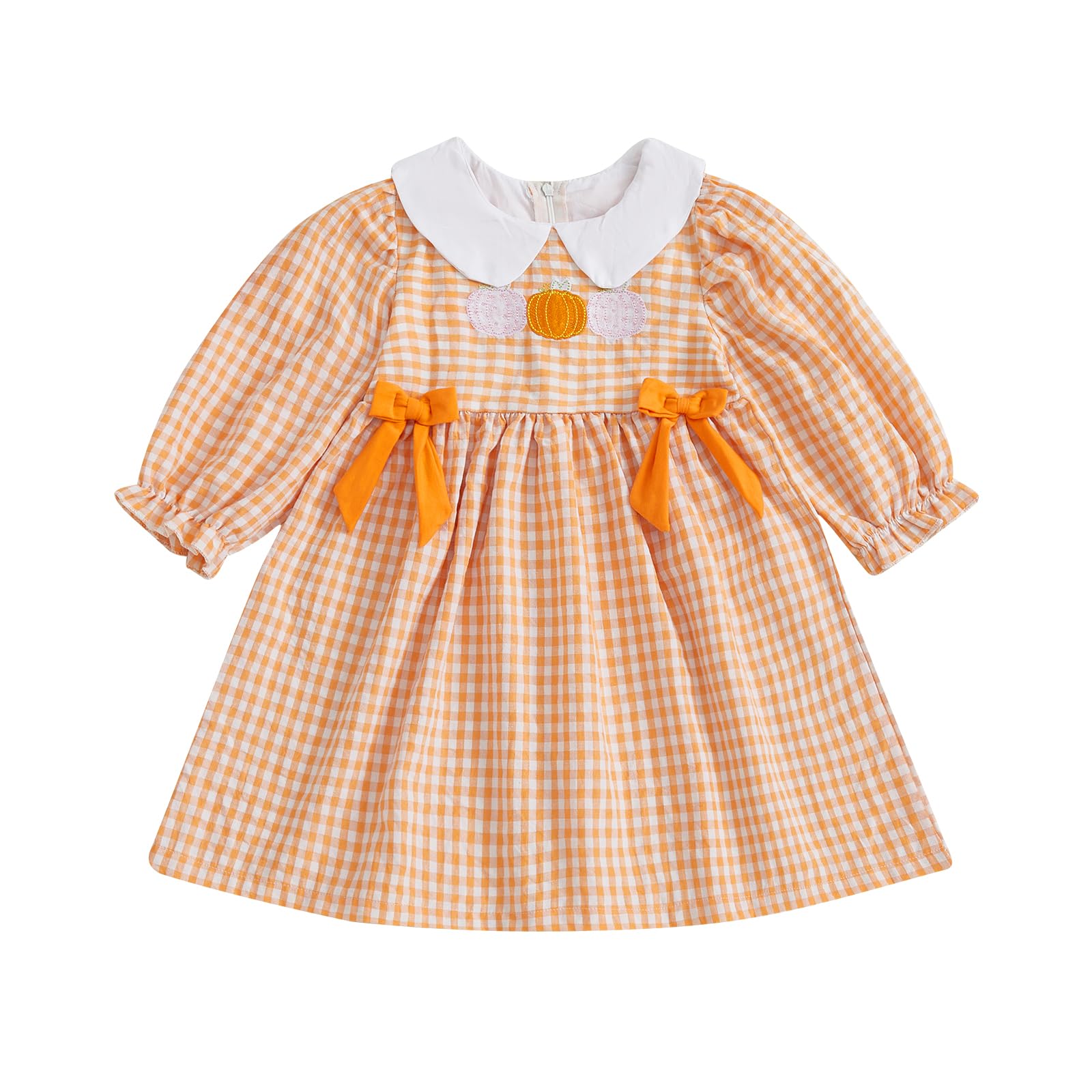 SYHVGI Toddler Girl Fall Dress Halloween Outfits Long Sleeve Doll Collar Pumpkin Embroidery Plaid Print Dress (Orange, 2-3 Years)