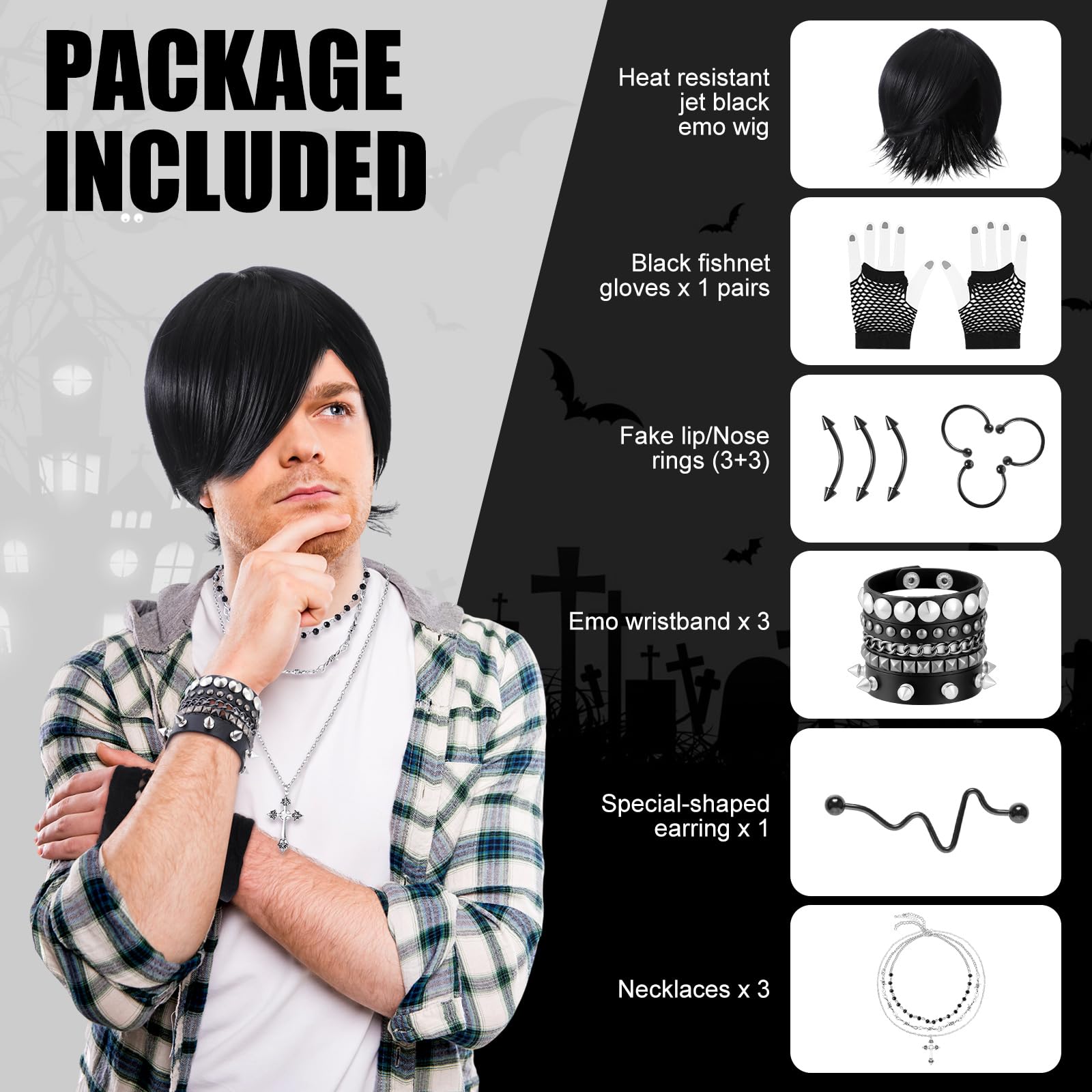 Amazon.com: Knitgrip 13 Pcs Emo Costume Set for Punk Men 2000s