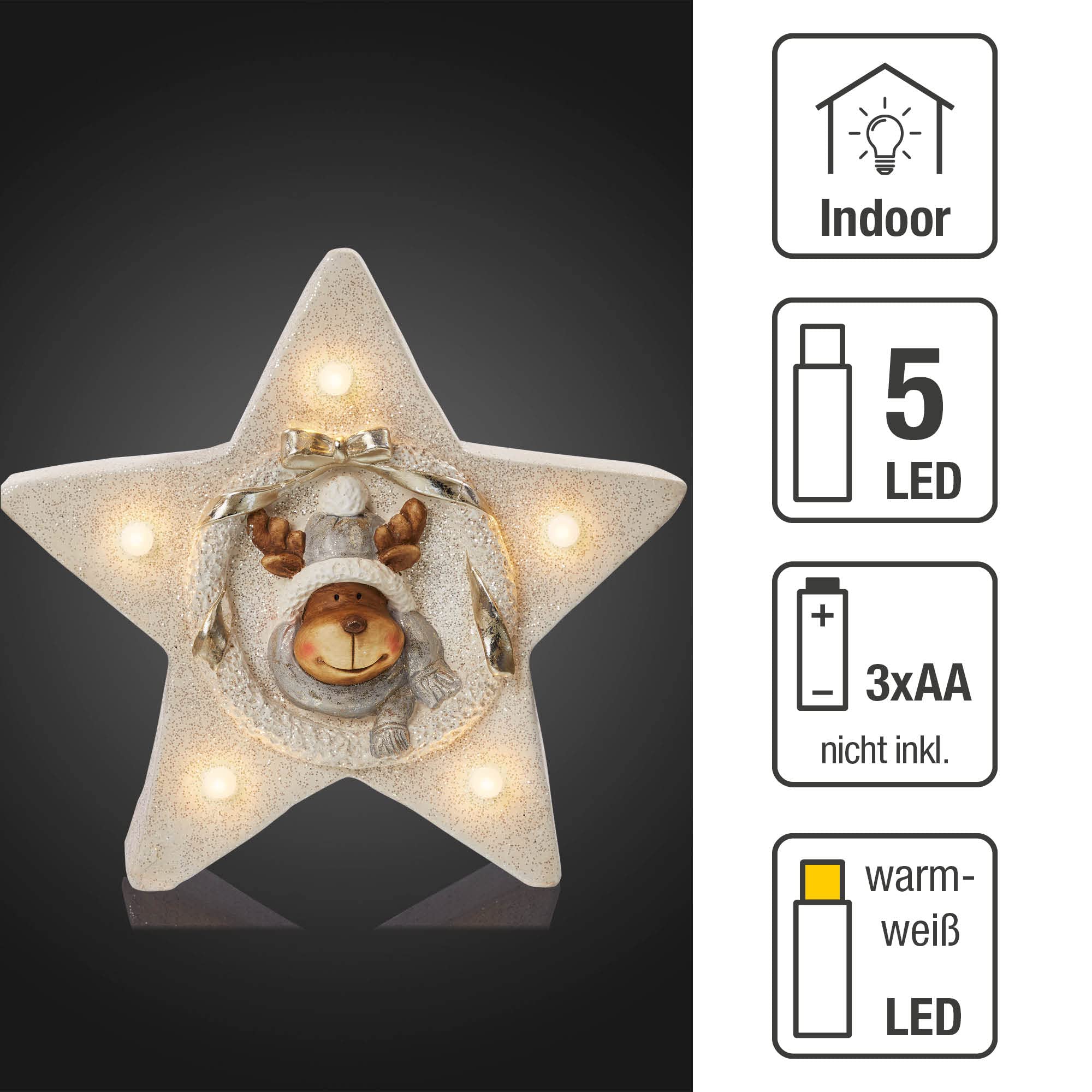 Hellum LED Dekofigur Stern mit Rentier, mit Timer, Weihnachten, warmweiß, batteriebetrieben (3xAA Nicht inkl.), 52x45x25cm, für Innen, Winter-Dekoration, 524048