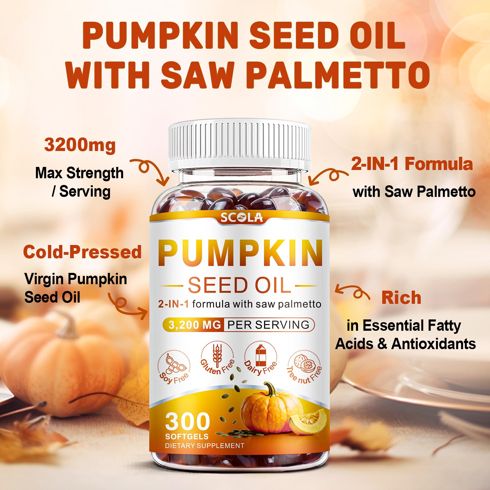 SCOLA Pumpkin Seed Oil with Saw Palmetto,3200mg/Serving,300 Softgels — Amazon image 3
