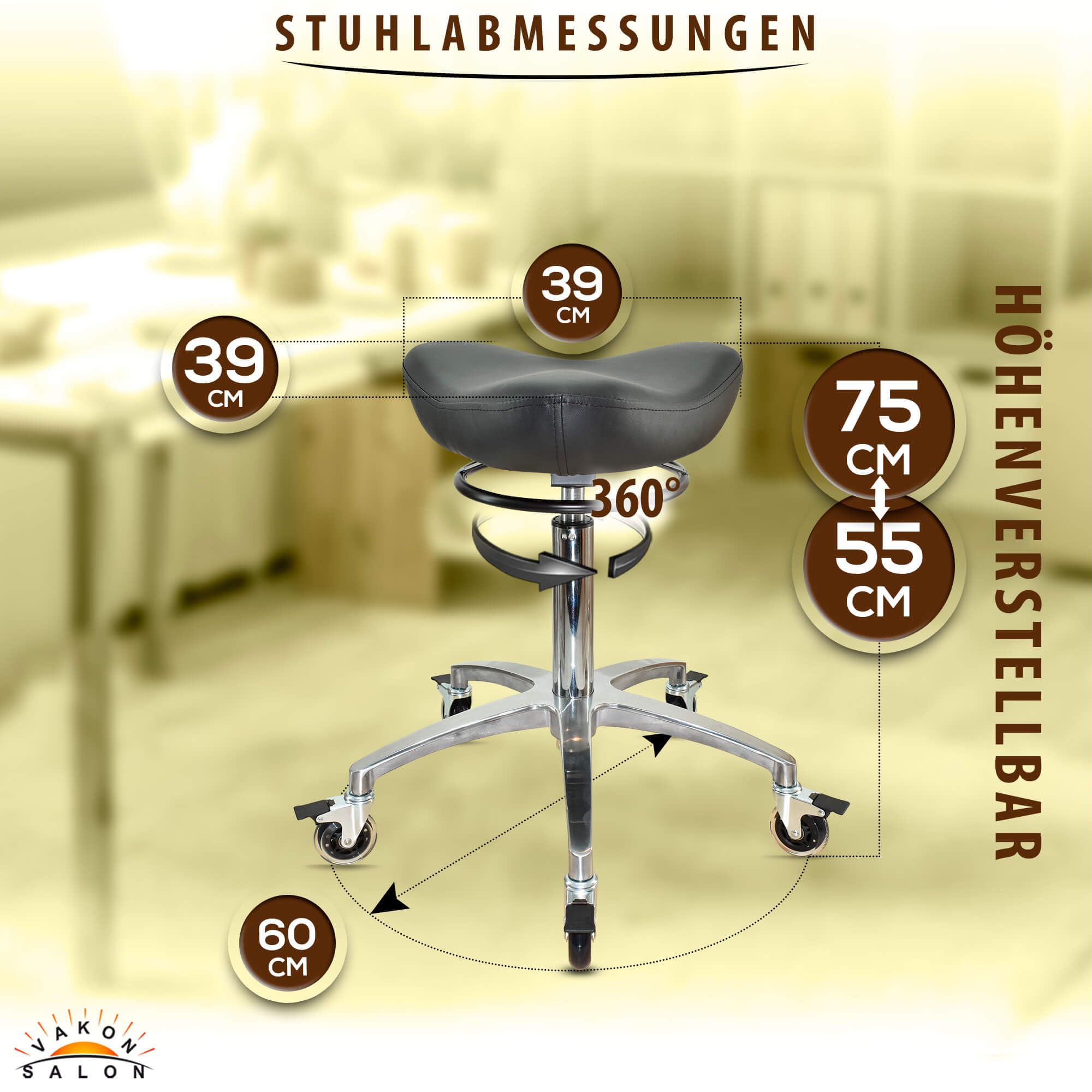 Sattelhocker Rollhocker – ergonomischer Arbeitshocker mit Butterfly Sitz – höhenverstellbar 55–75 cm – Friseurhocker Kosmetikhocker Praxishocker – Premiumrollen mit Bremse