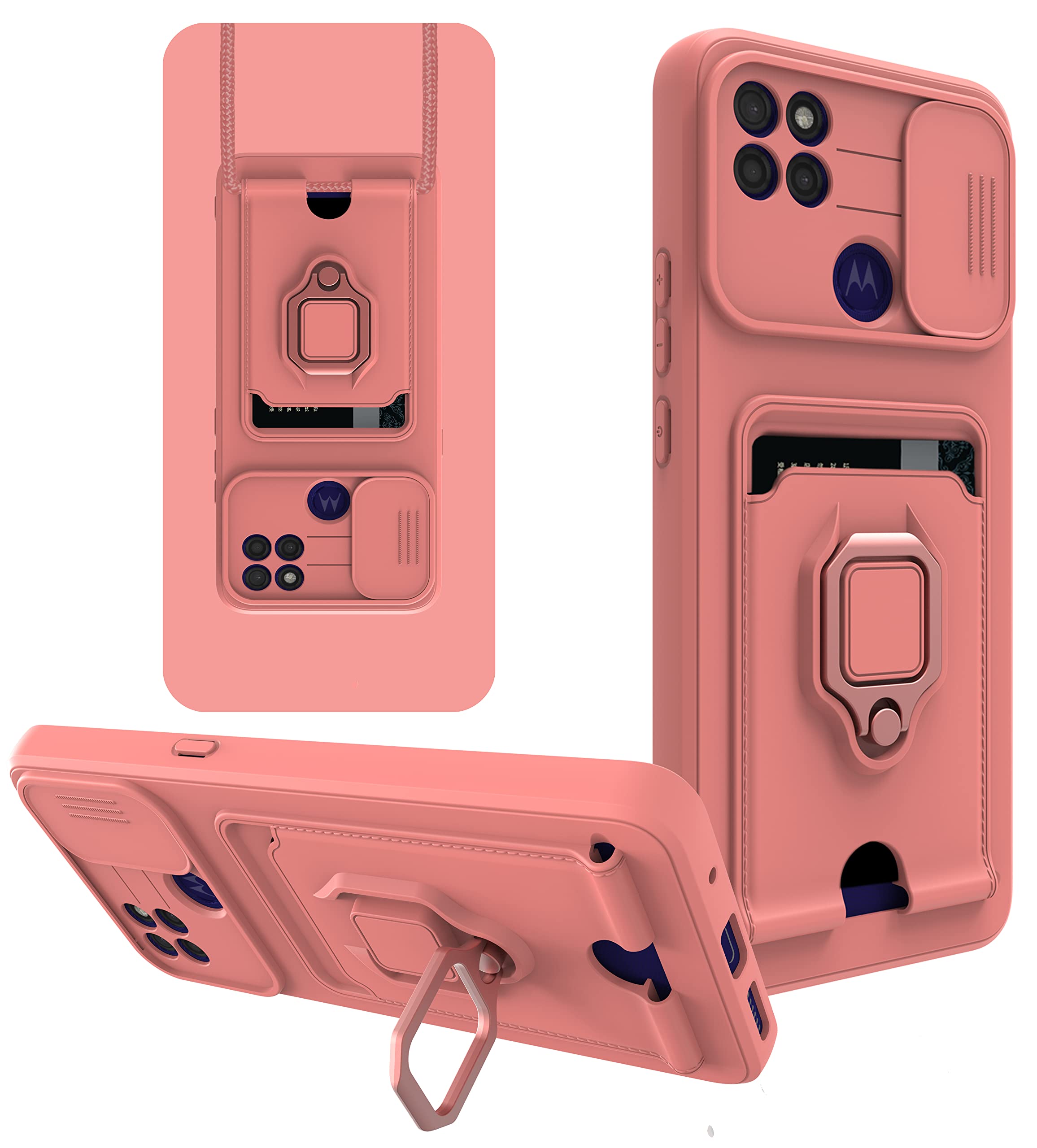 Shinycase Pink For Motorola Moto G9 Power Protective Case Premium Bumper Case With Slide Camera Cover And Ring Kickstand Card Slot Lanyard Silicone Tpu Shockproof Phone Case For Motorola Moto G9 Power,