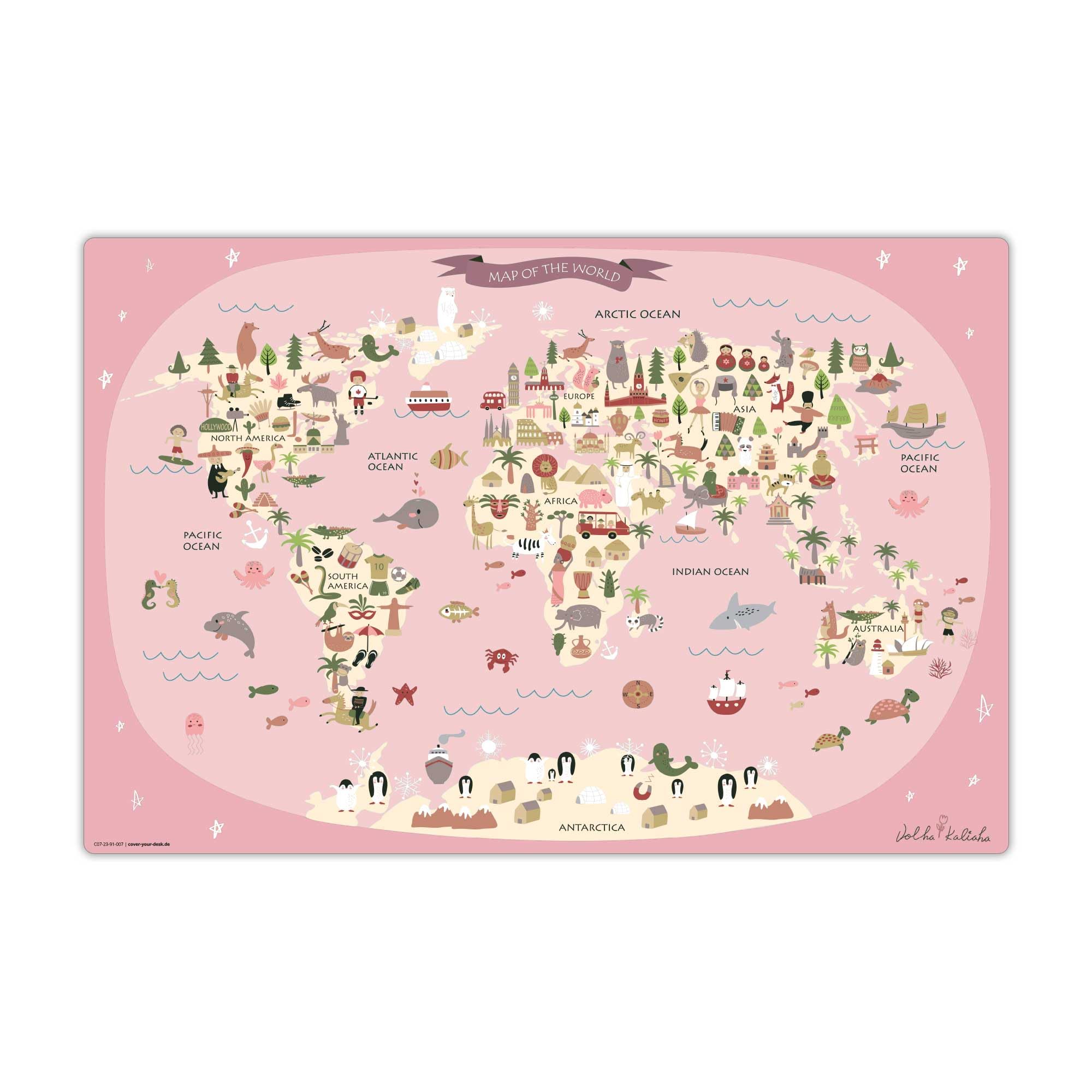 Made in Germany Schreibtischunterlage – Weltkarte in Rosa mit Tieren – 60 x 40 cm