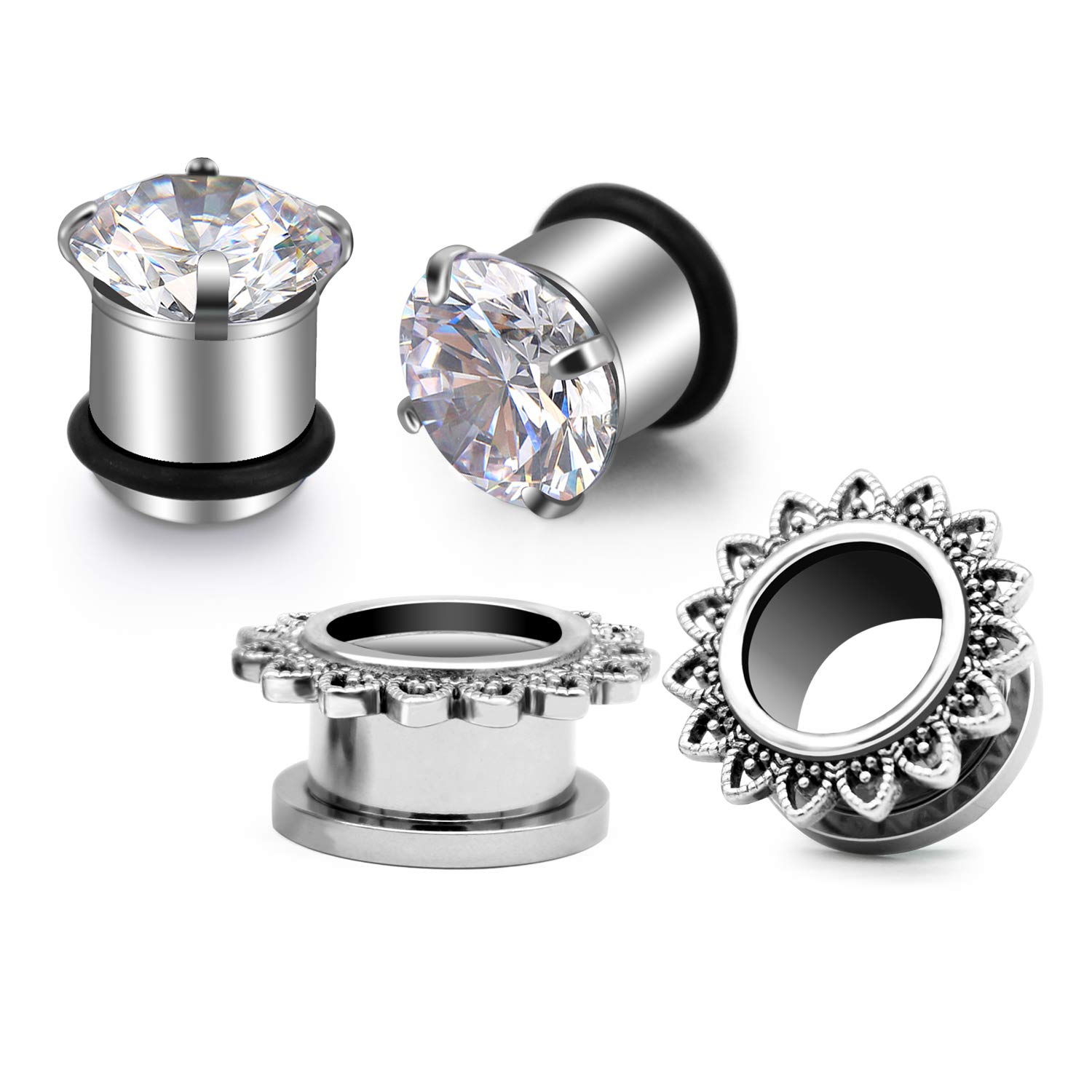 Stainless Steel Ear Gauges Earring Flower Ear Tunnels Clear Zirconia Ear  Plugs Earlobe Stretching Gauges Ear Expander Set for Women Men 6-16mm