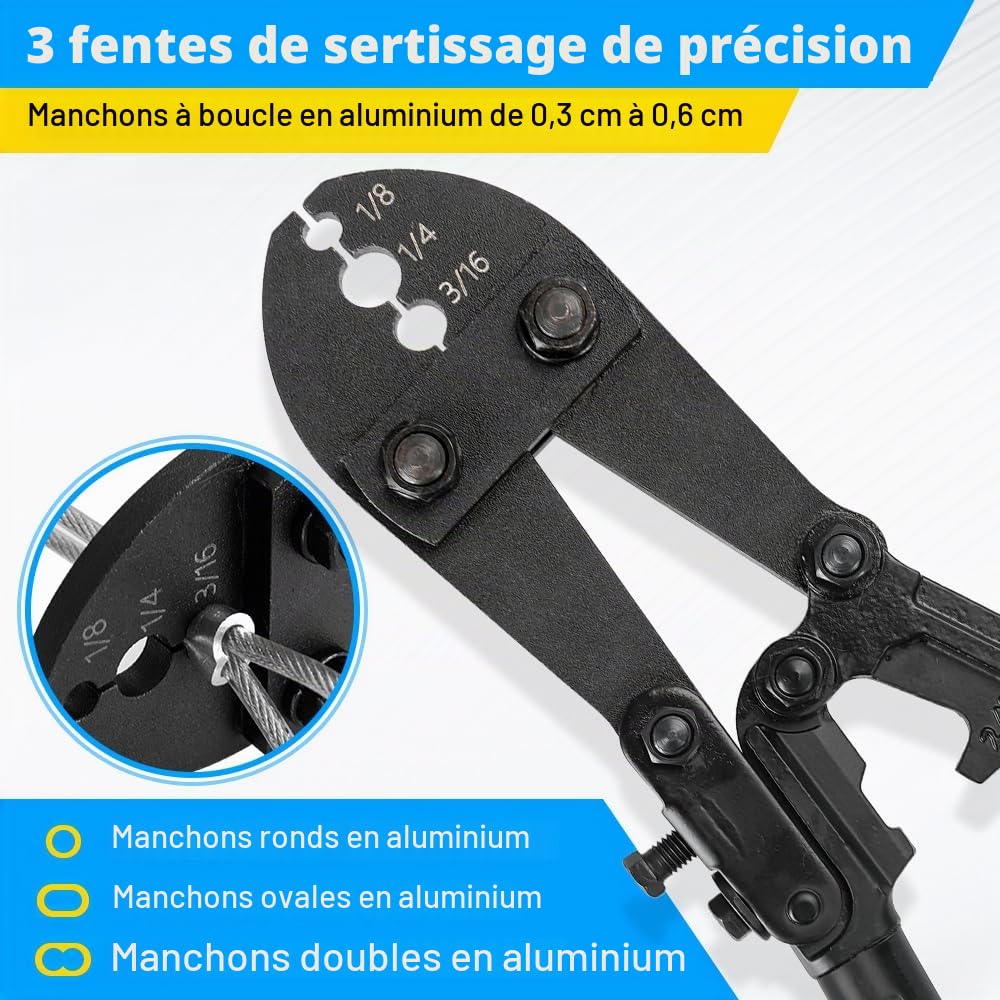 Outil à sertir câble métallique 3,2–6,35 mm, outil de sertissage manuel robuste et lourd avec 40 pièces manchons en aluminium, pour pêche, rambardes et câbles métalliques