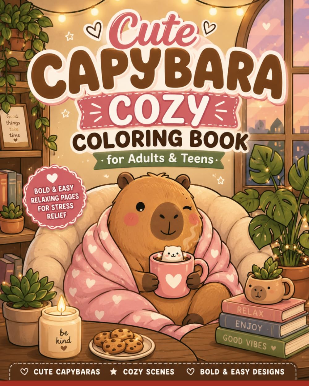 Cute Capybara Cozy Coloring Book for Adults & Teens: Bold & Easy Relaxing Pages with Cute Capybaras in Cozy Cafes, Warm Homes, and Peaceful Moments for Stress Relief