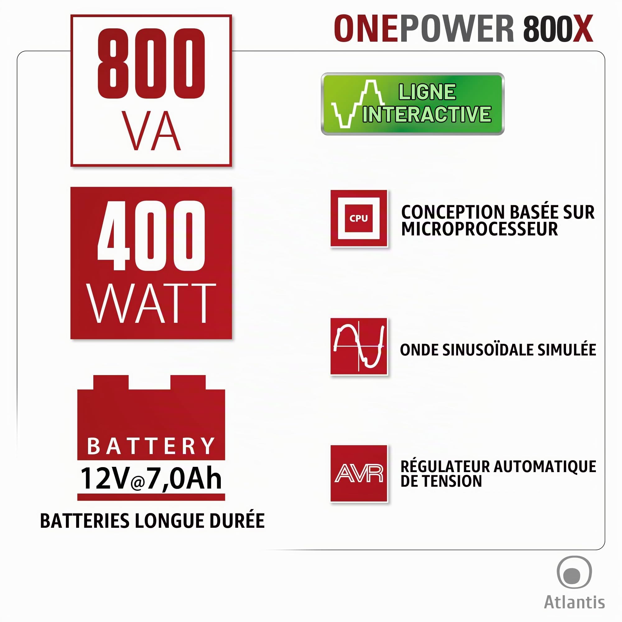 Atlantis onduleur UPS Line Interactive 800VA/400W Batt. 12V 7Ah | Stabilisateur de tension AVR à 3 étages, Onde pseudo-sinusoïdale, 4 prises IEC, réf. A03-PX800