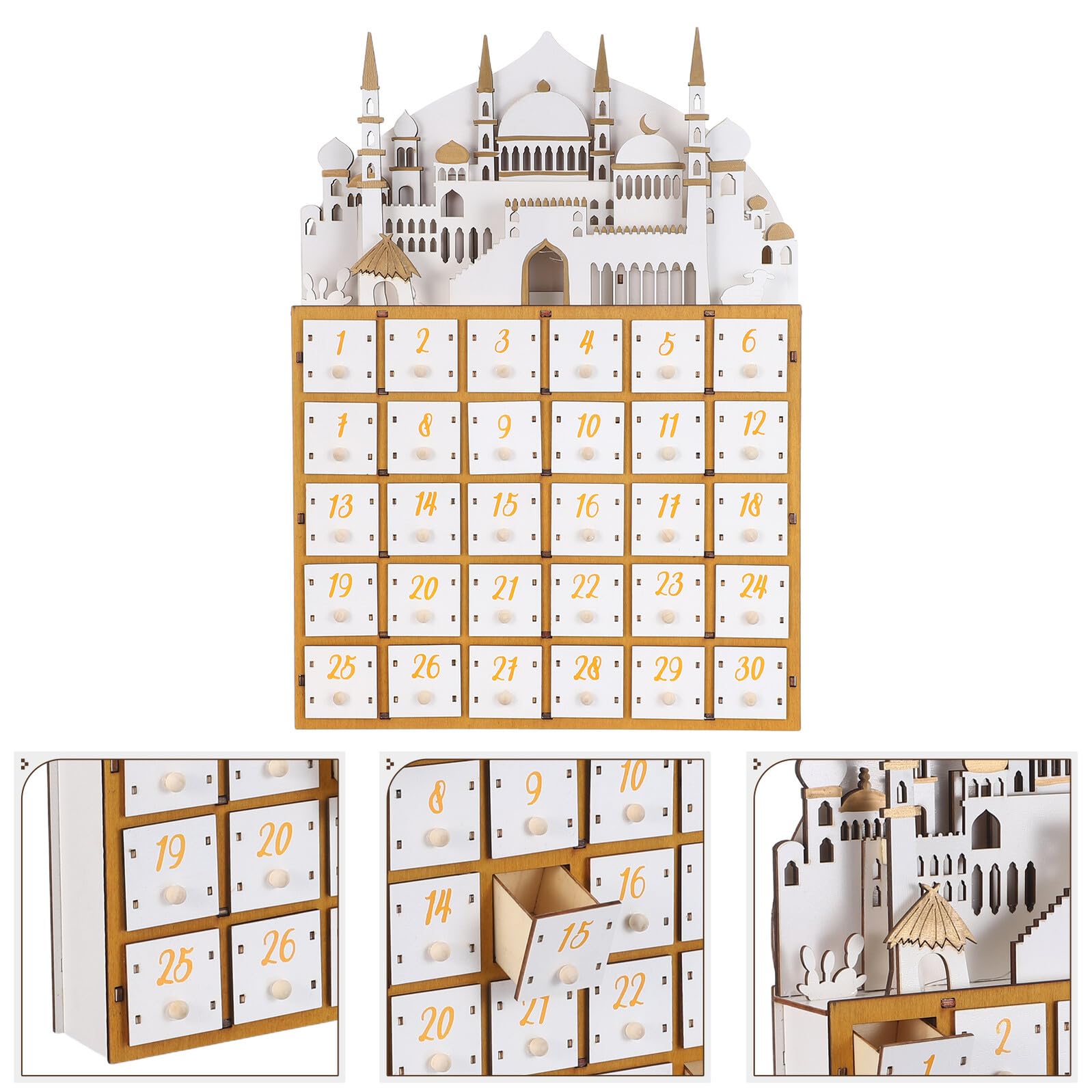 Tofficu Eid und Ramadan Holz Adventskalender mit 30 Schubladen LED Beleuchtet Countdown Kalender für Muslimische Ramadan Feier und Festliche Dekoration