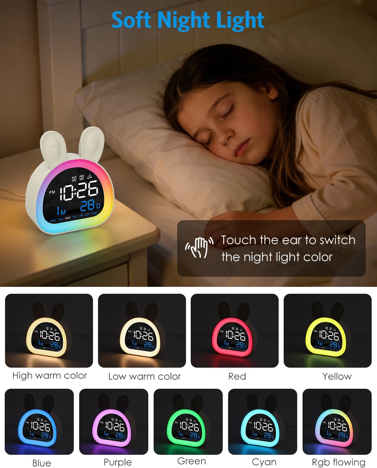 AMIR Kids Alarm Clock, Cute Alarm Clock for Kids, OK to Wake Clock | Touch Control, Dimmable Multi-Color Changing, 6 Alarm Sound, Snooze, Bluetooth Time Sync, Cute Rabbit