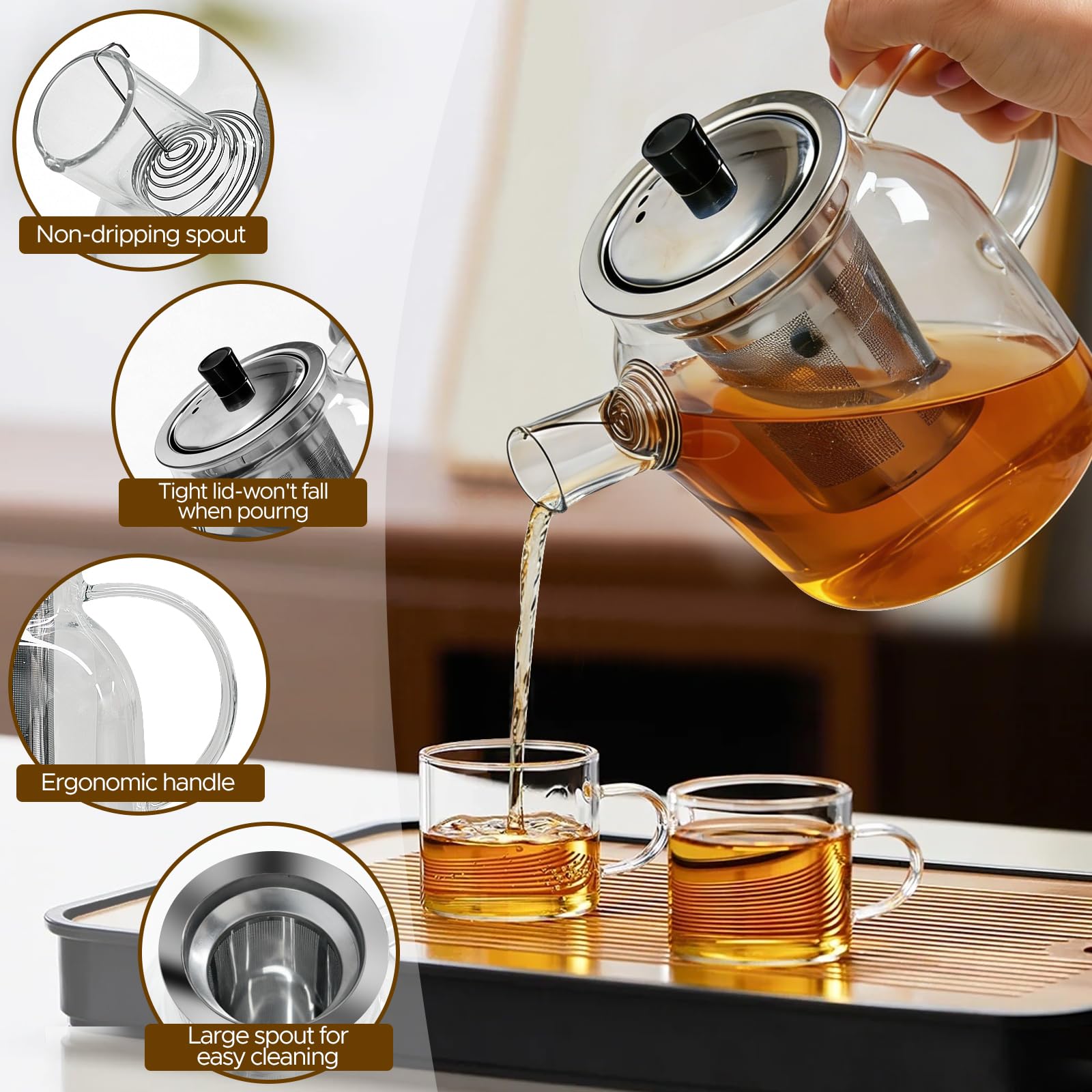 1800 ml Teekanne Mit Siebeinsatz Und Stövchen，Glasteekanne mit Abnehmbare Edelstahl-Sieb Warmhalteuntersetzer Rostfrei Hitzebeständig für Schwarzen Tee Grüner Tee Fruchttee Duftender Tee Teebeutel