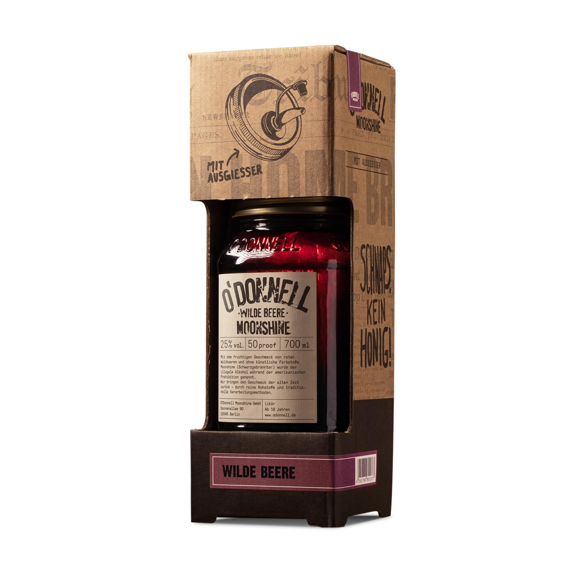 O’Donnell Moonshine Beerenlikör Wilde Beere 700ml + Ausgießer – Fruchtiger Likör mit Himbeere, Brombeere & Traube – 25% Premium Spirituose ohne künstliche Aromen – Made in Berlin