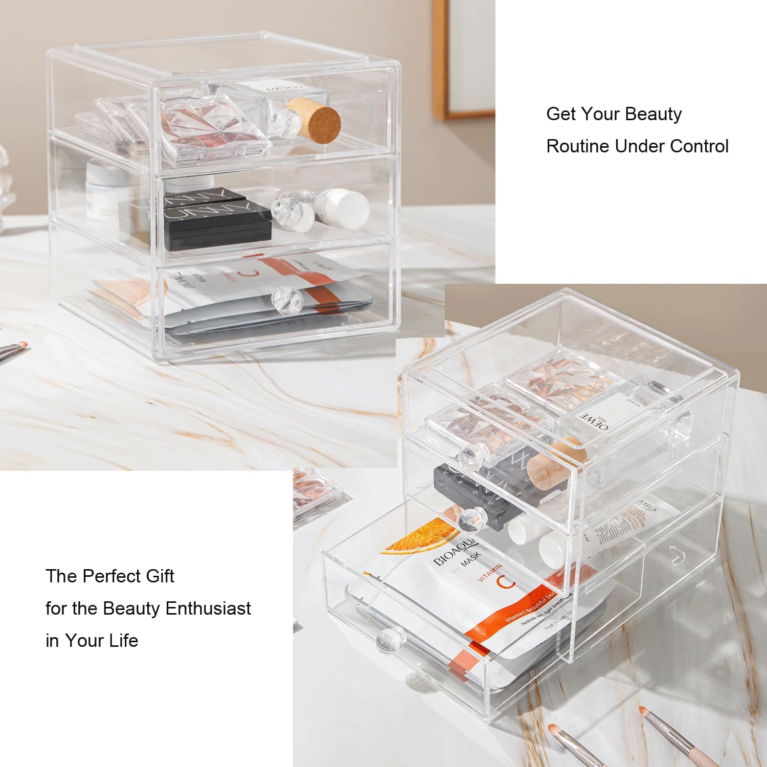 Makeup Organiser Storage Box with 3 Drawers, Acrylic Cosmetic Storage Case Jewelry Display Box Caddy for Sunglasses Jewelry Dressing Table Vanity Counter in the Bedroom Bathroom Gift Idea, Transparent 7 71huebky2ML. AC SL1500