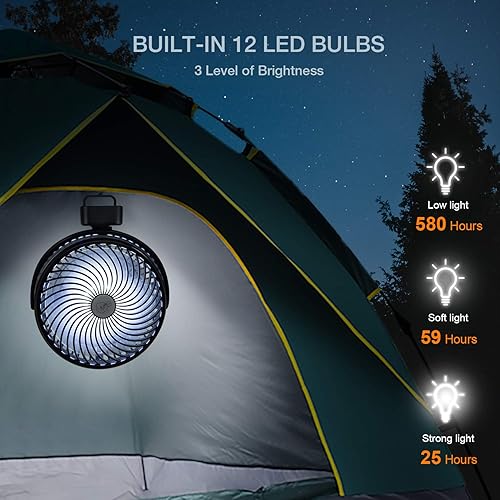 Miniatura 11 de Ventilador portátil de campamento, ventilador de tienda de campaña pequeño con gancho para colgar, ventilador de batería USB recargable de 40 horas