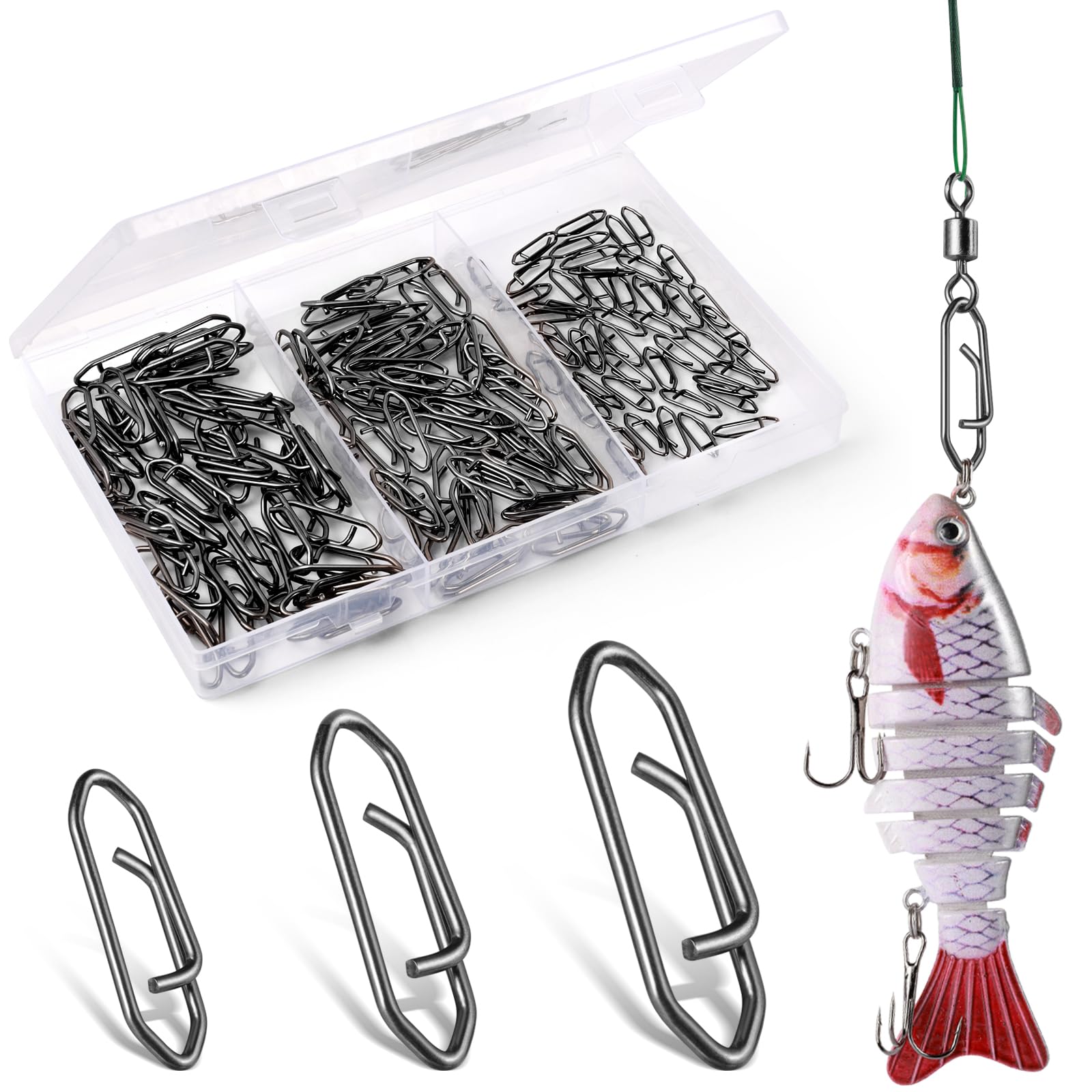 Annyswit 150 Pcs/3 Sizes Power Fishing Clips Quick Change Sea Fishing Clips S & M & L Sea Fishing Tackle Snaps Stainless Steel Snaps for Fishing Swivels for Connecting Lures & Line & Weights