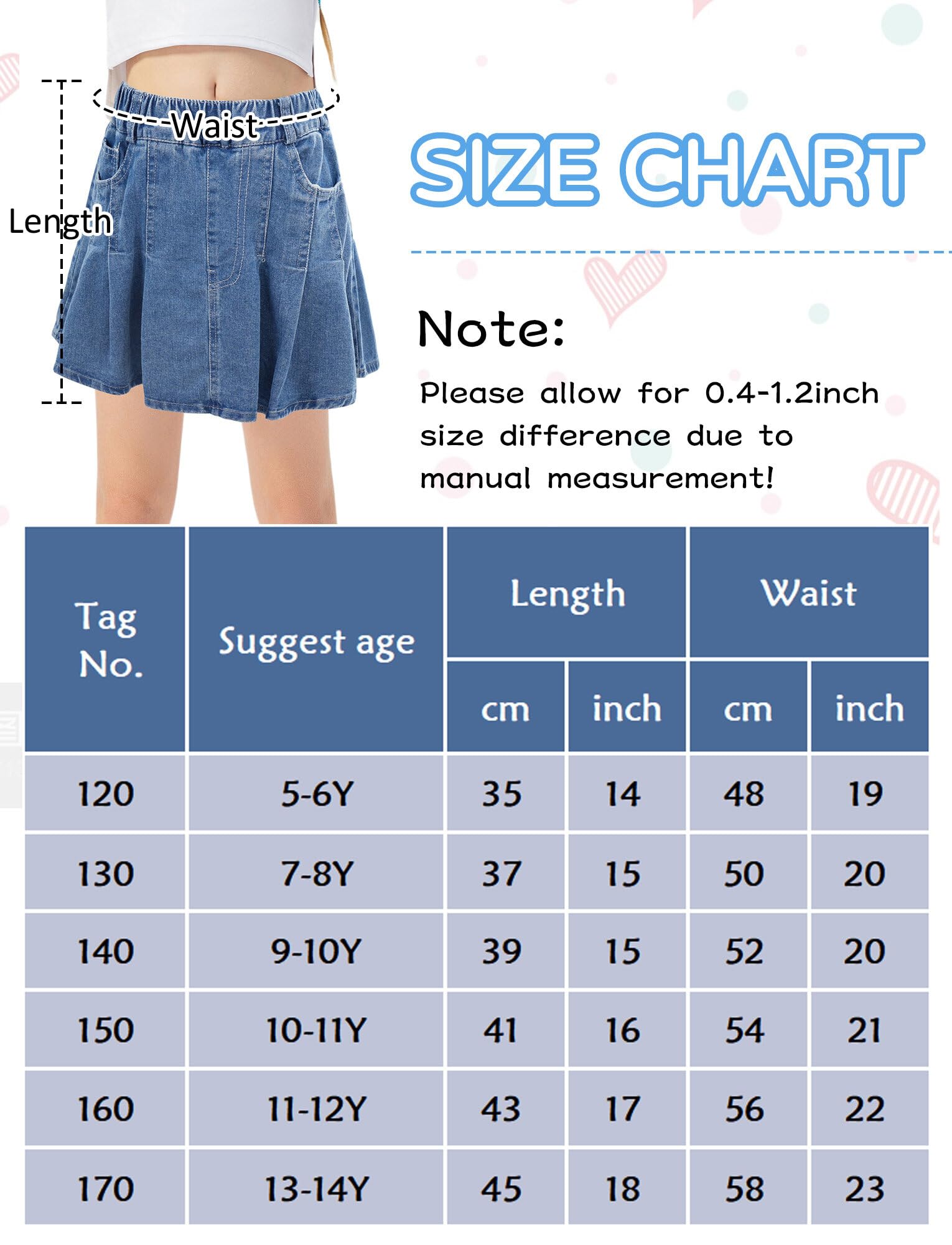 FEOYA Gonna in denim per bambini e ragazze, con elastico in vita, casual, gonna in jeans estiva, linea A, gonna in denim blu plissettata gonna elasticizzata traspirante morbida con tasche per 5-14