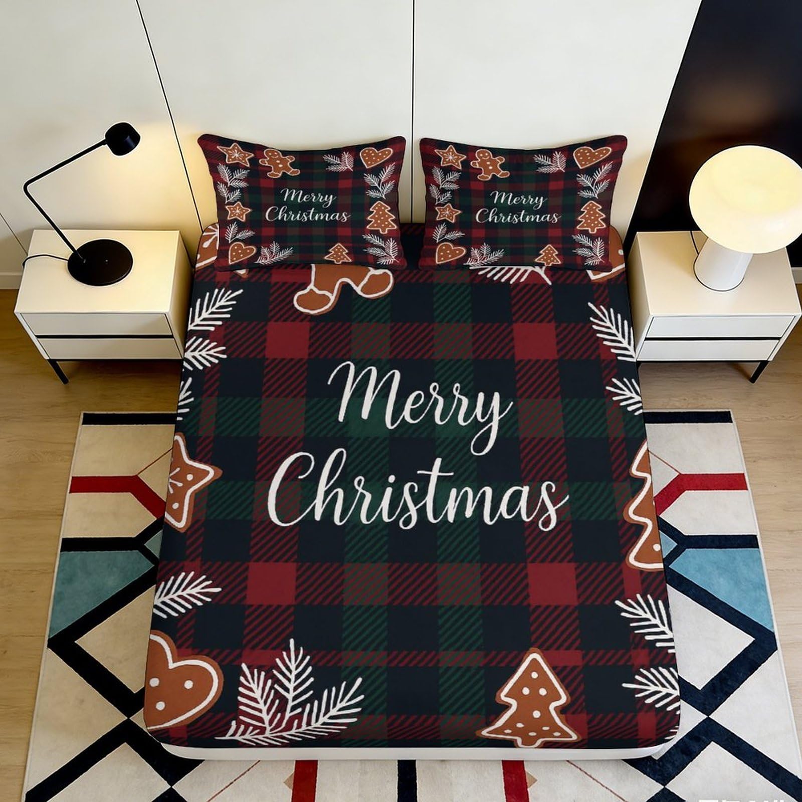 3D Printed Christmas Plaid Fitted Sheet Microfiber Soft Gingerbread Tree Bed Cover Anti-Slip for Bedroom Guest Room Decor 200x200x25cm