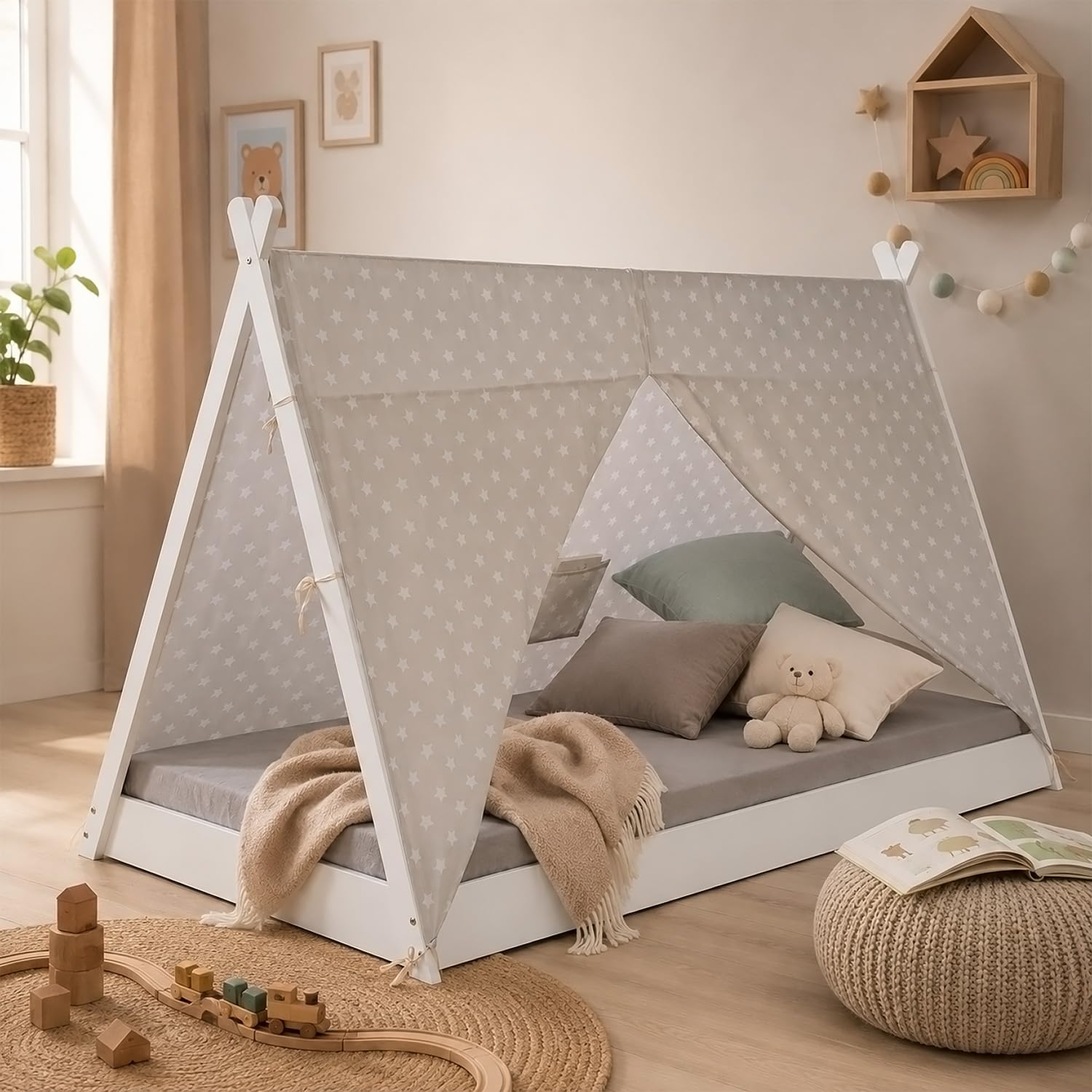 Homestyle4u Tipibett Kinderbett 90x200 Bodenbett mit Sternenzelt | Montessori Holzbett für Kinder, Kiefernholz weiß, abnehmbares Baumwollzelt grau mit Sternen, inkl. Lattenrost