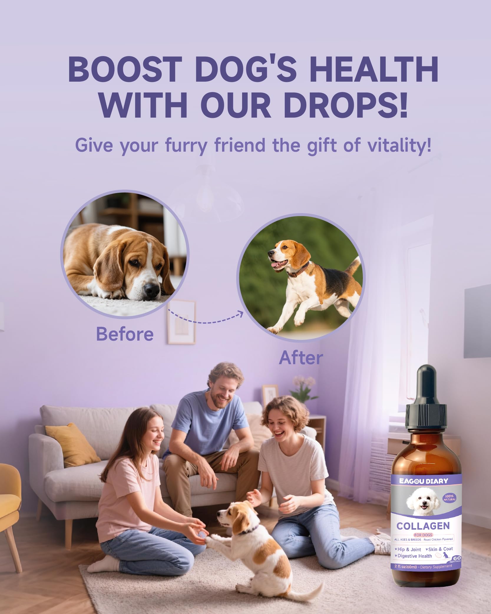 Eagou Diary Colágeno para Perros - Apoyo para Caderas y Articulaciones, Salud de la Piel y el Pelaje, Glucosamina, MSM, Aceite de Coco, Vitaminas C y E, Biotina - Salud Digestiva e Inmunológica, 60ml