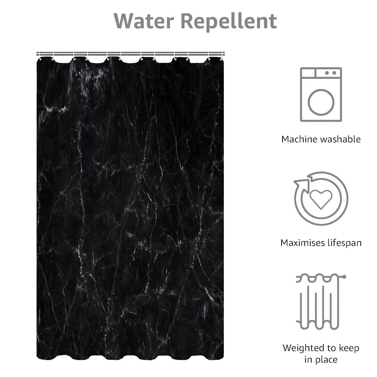 Noir Rideau Douche 180x210cm Rideau de Douche Rêve Shower Curtain – Impression Polyester Tissu – avec 12 Crochets – Tissu Lavable en Machine – Imperméable – pour Salle de Bain – Hôtel D#350