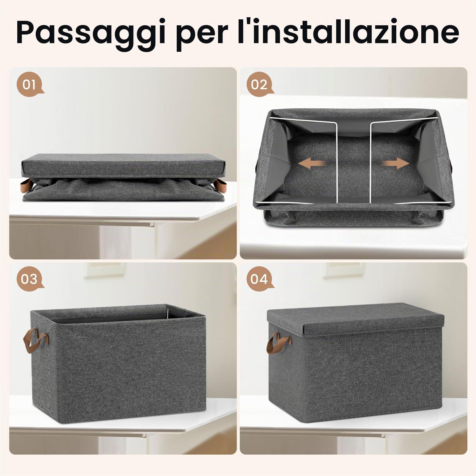WOLTU Scatole portaoggetti in Tessuto 6 Pezzi, Contenitori pieghevoli con Coperchio e Maniglie, per Vestiti da Armadio, Grigio, 43x33x26cm