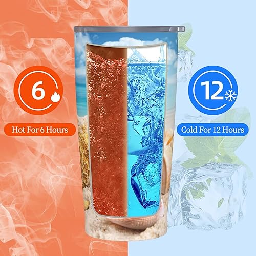 Miniatura 7 de Dujiea Vaso de 20 onzas con tapa y pajilla, diseño de conchas tropicales, océano y playa, aislado al vacío, taza de café helado, taza reutilizable