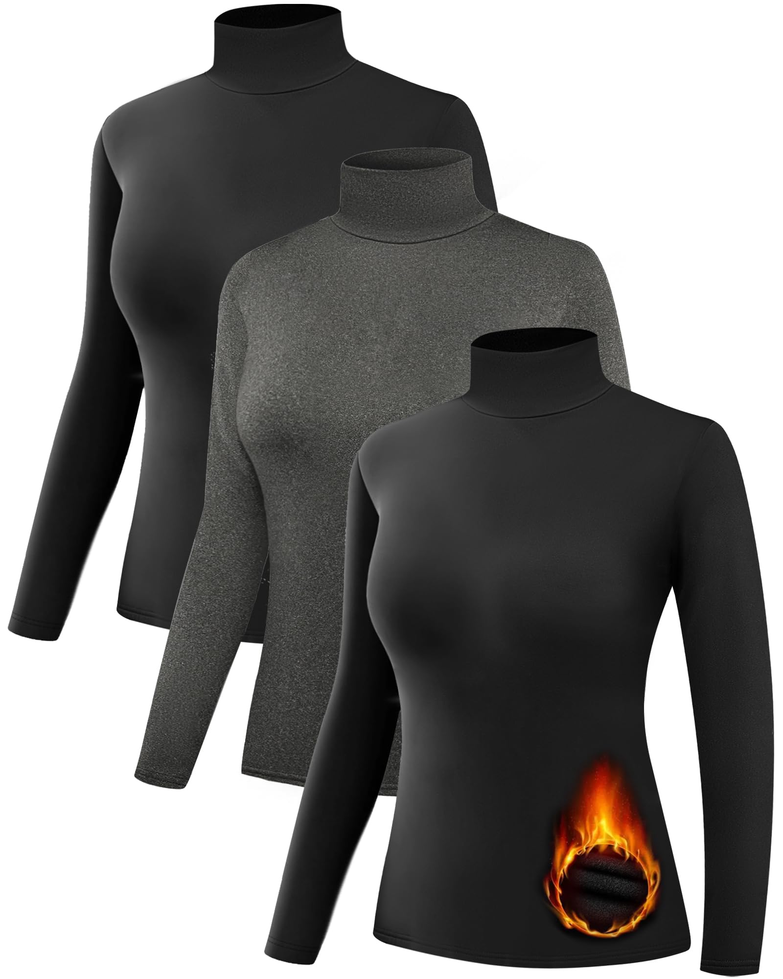 3 Pack Women’s Thermal Turtleneck Shirts 2 Black 1 Gray Small