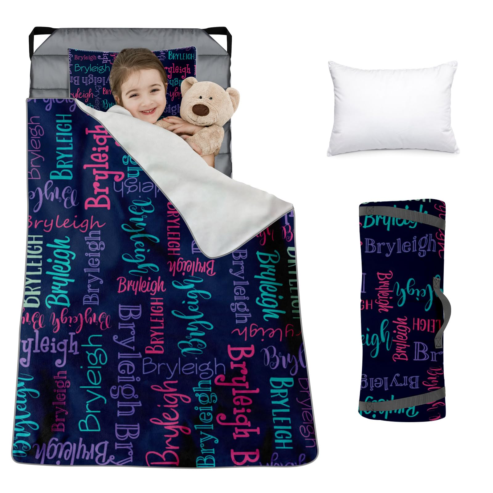 Custom Toddler Nap Mat for Preschool, Personalized Monogram Name Slumber Bags for Kids Daycare, Roll Up Sleeping Mats with Flannel Blanket & Removable
