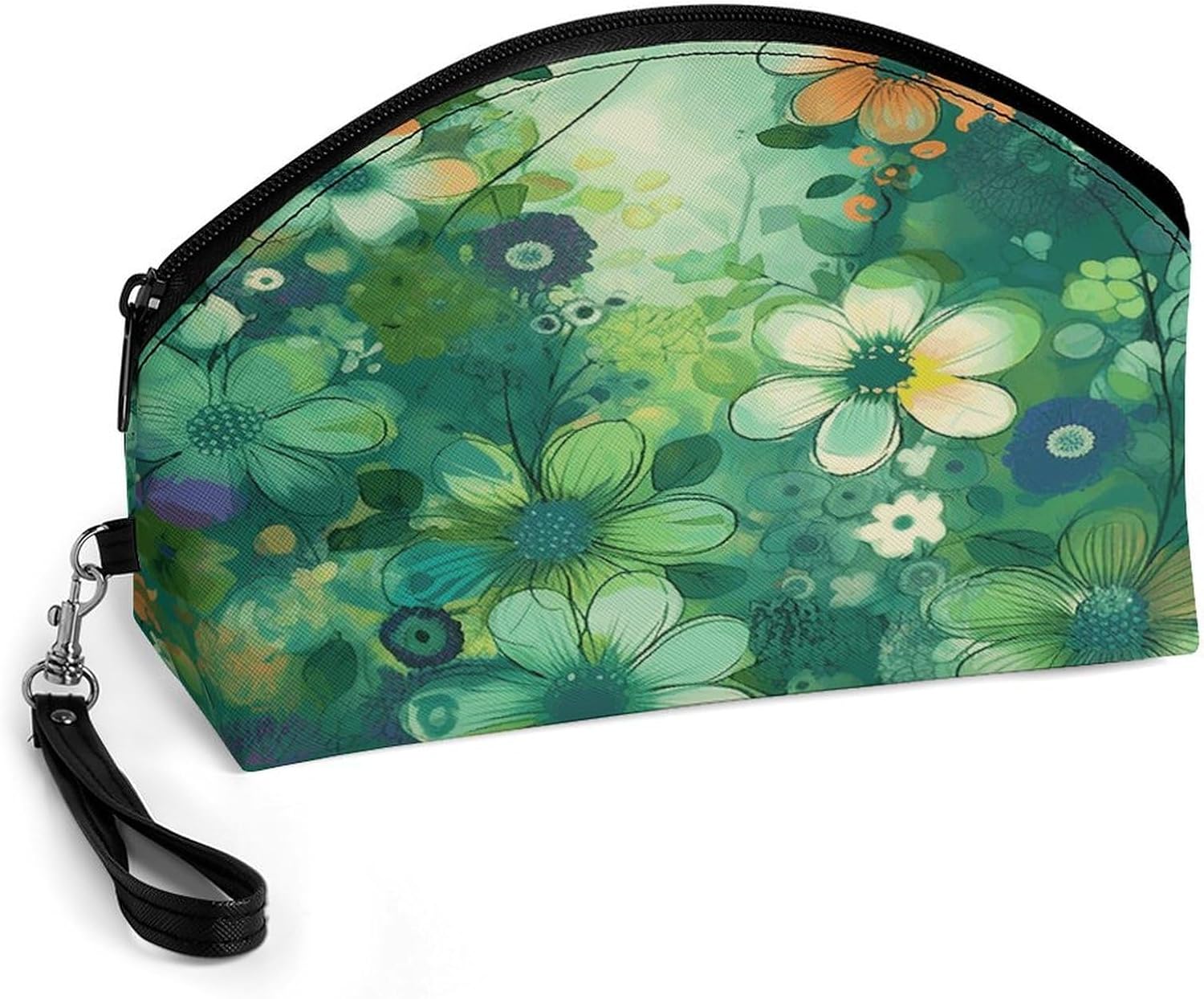 Abstract Seasonal Green Floral Makeup Bag Large Capacity Cosmetic Bag for Women Portable Toiletry Bags for Skincare Water-resistant Cosmetic Case PU Leather Travel Cosmetic Organizer