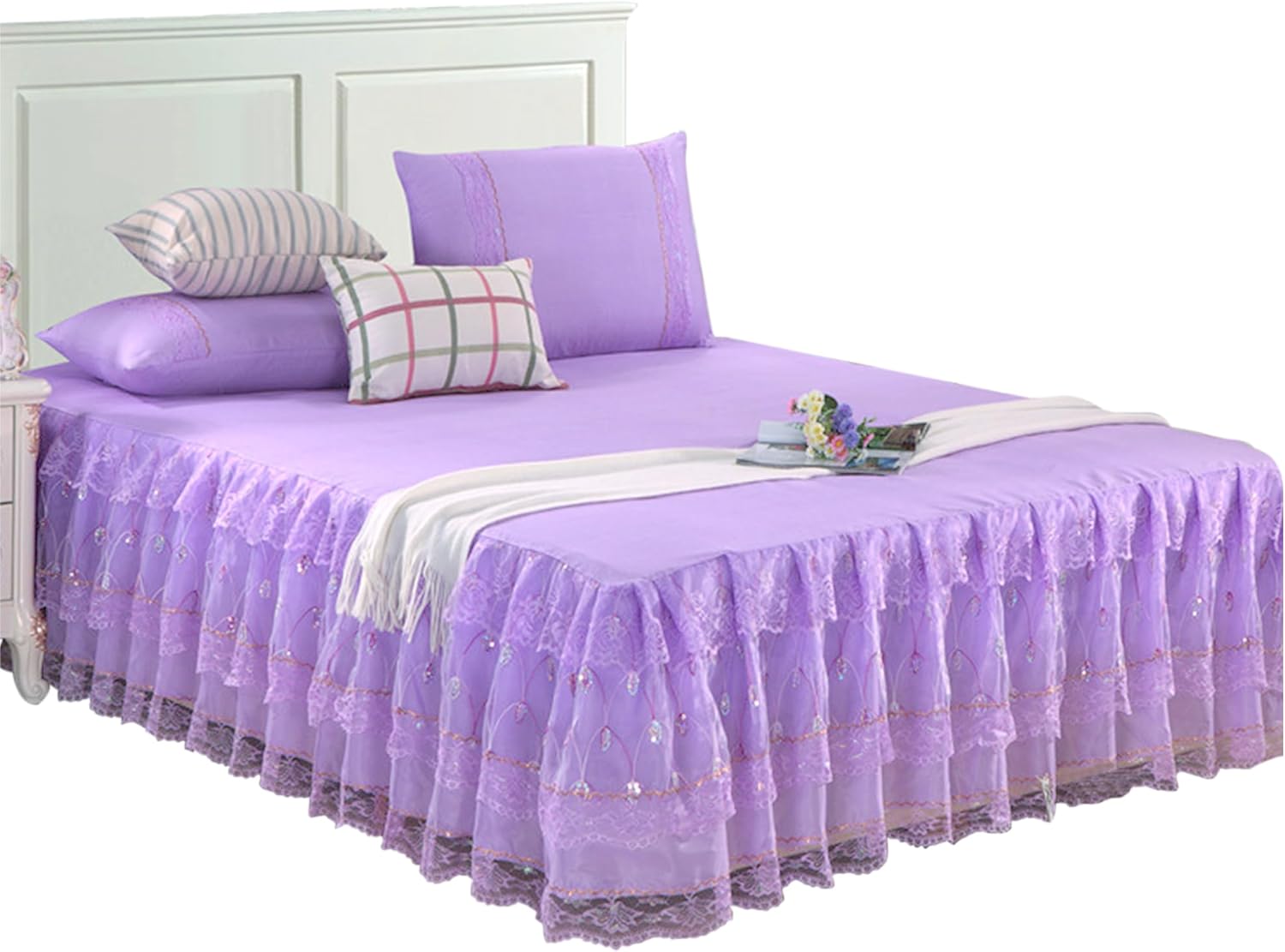 Mily Wrap-Around Floral Lace Bed Skirt Princess Bed Dust Ruffle Machine Washable (Pink 2)