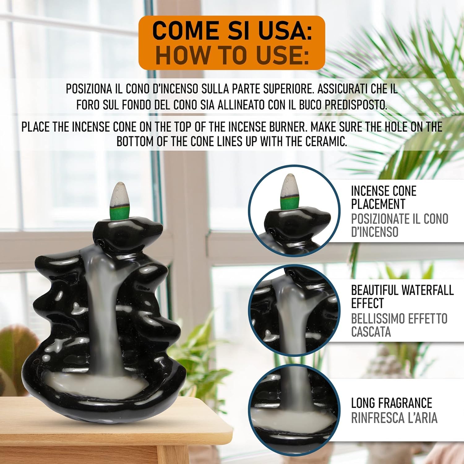 Bruciatore Incenso A Cascata MYL In Ceramica Artigianale - Con Coni E Bastoncini Per Relax E Aromaterapia