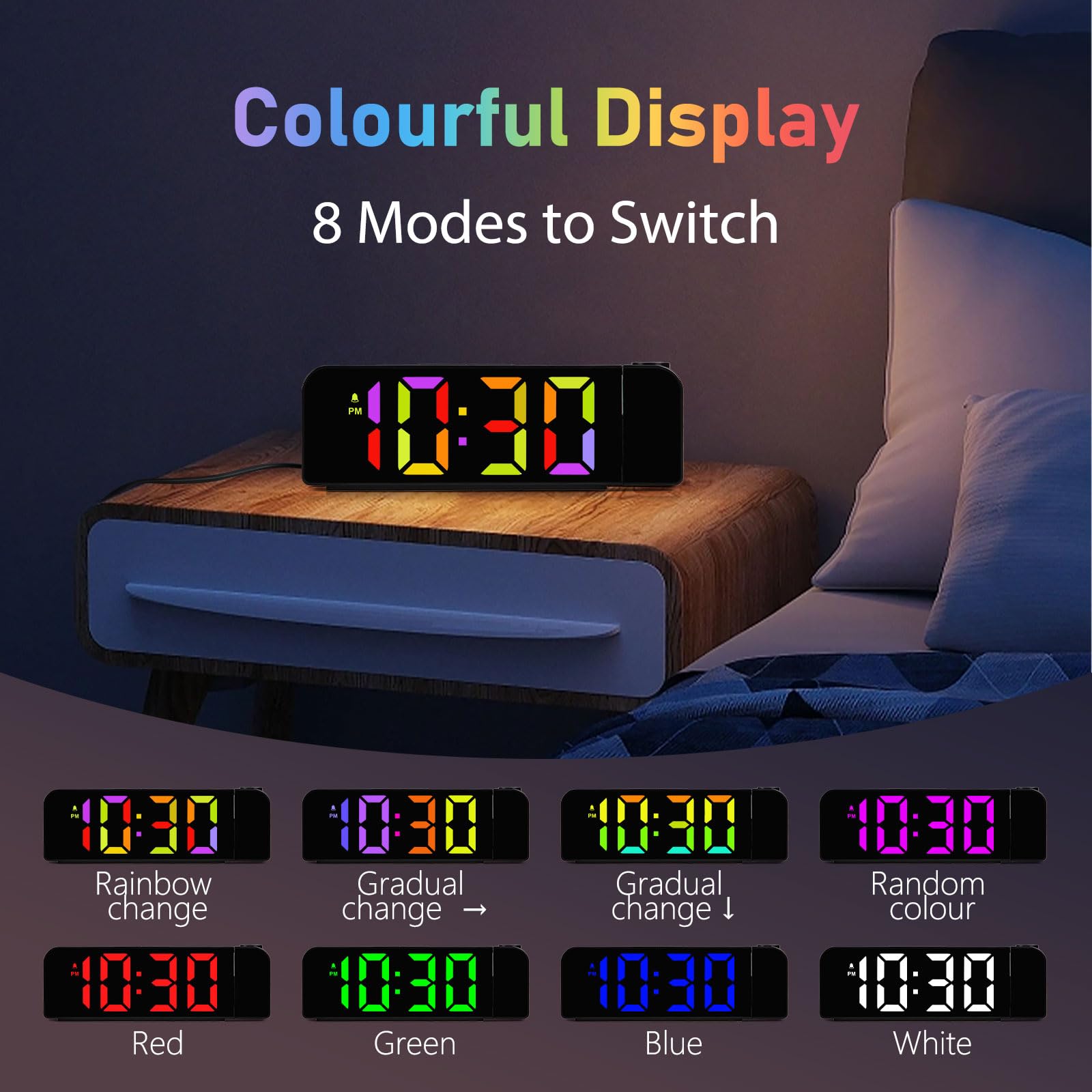 Sveglia con Proiettore Soffitto Sveglia Digitale da Comodino con Temperatura e Data, Display RGB 4 Livelli di Luminosità 12/24H Snooze
