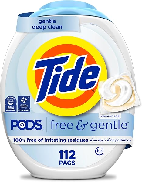 Close-up of Tide PODS Free & Gentle laundry detergent pacs in their packaging.