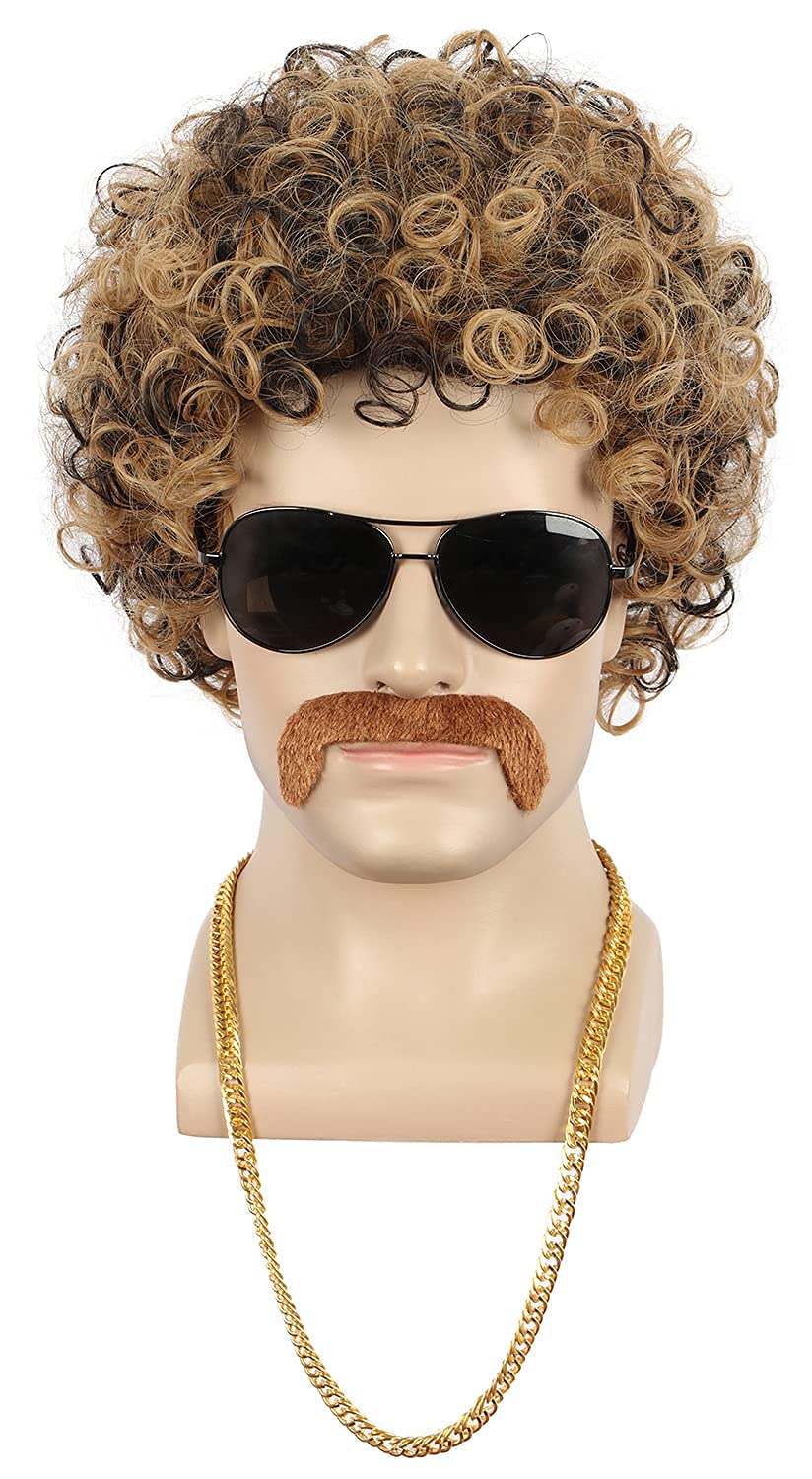 Yuehong Men Short Curly Brown Wig 70s 80s Afro Disco Hair with Mustache Necklace Set Heat Resistant Synthetic Fibers Party Fashion Wig - Image 2