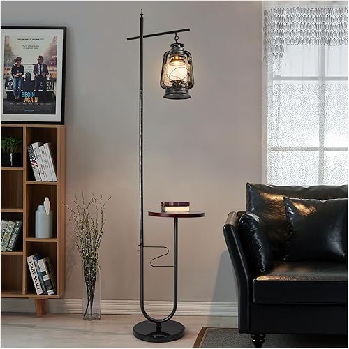 Lámpara de pie vintage con mesa, lámpara de pie de linterna clásica, lámpara de pie rústica de granja, lámpara de pie de arco colgante con acabado
