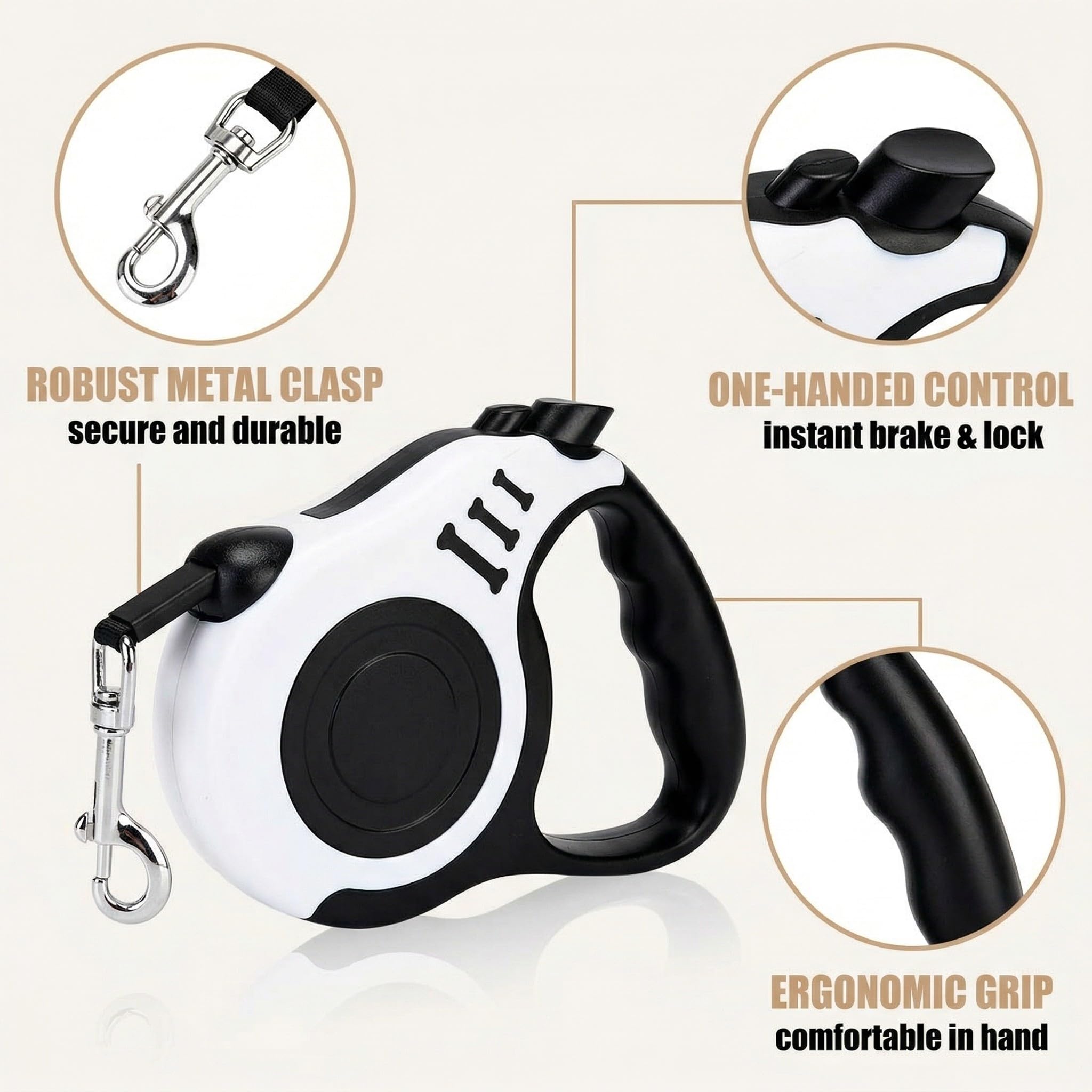 1 Guinzaglio per Cani Automatico Retrattile, Guinzaglio Estensibile con ABS Resistente, Per Passeggiate Cane e Gatto, 5 Metri, Bianco