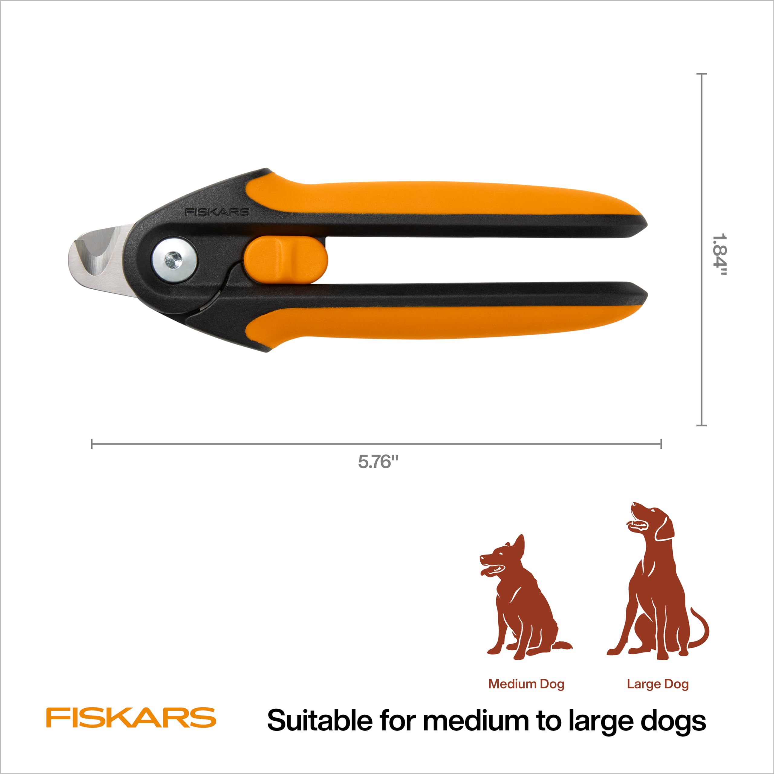 Fiskars Tagliaunghie grande per animali domestici, tagliaunghie per cani e gatti, lama semicircolare e manico SoftGrip con blocco di sicurezza, 14,6 cm, arancione/nero