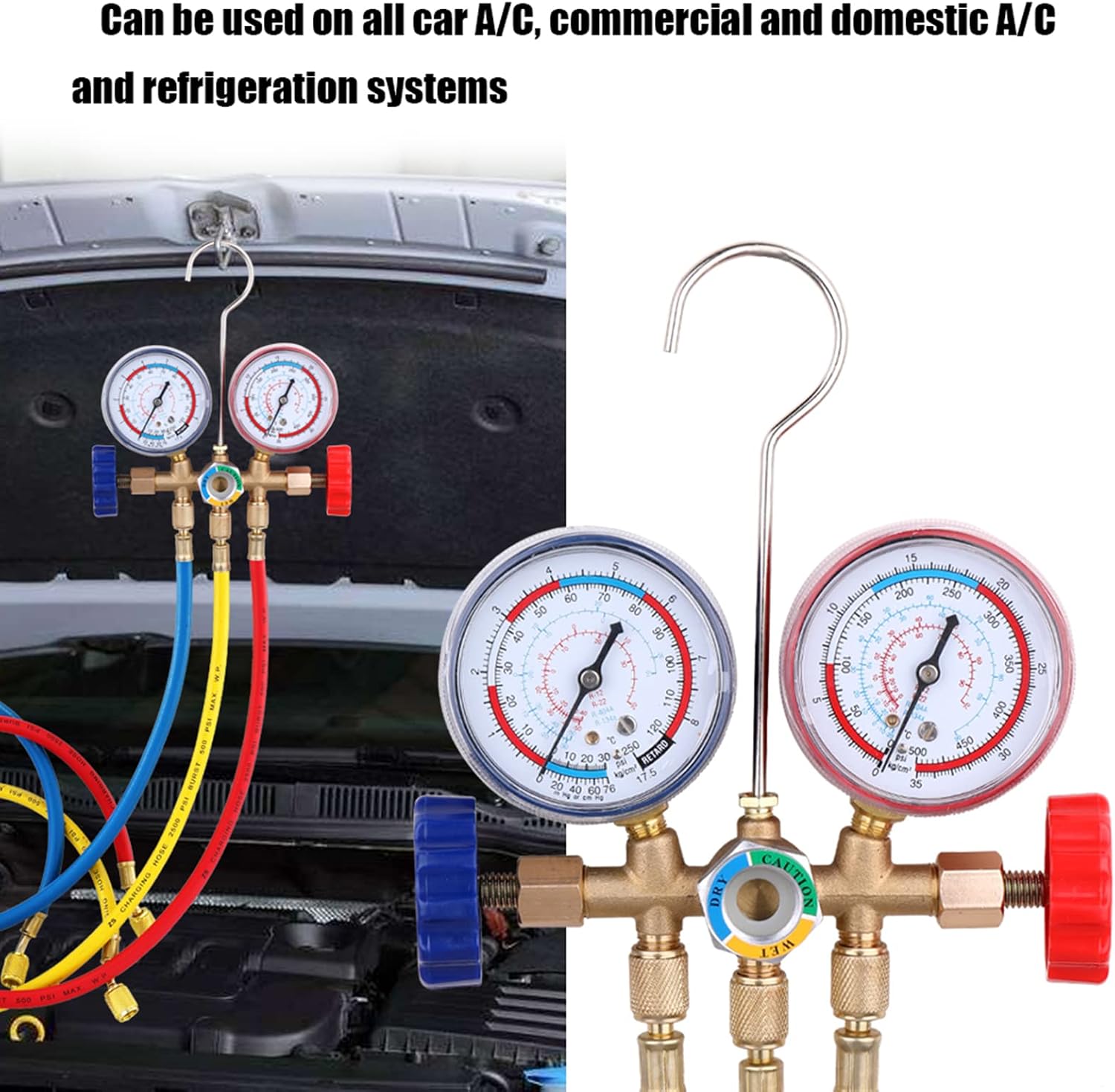 Refrigerant Manifold Gauge Set Air Conditioning Diagnostic Tools for R12 R22 R404A R134A, AC Charging Tool Kit with 3 Color Coded Hoses and Hook for Car Domestic and Commercial